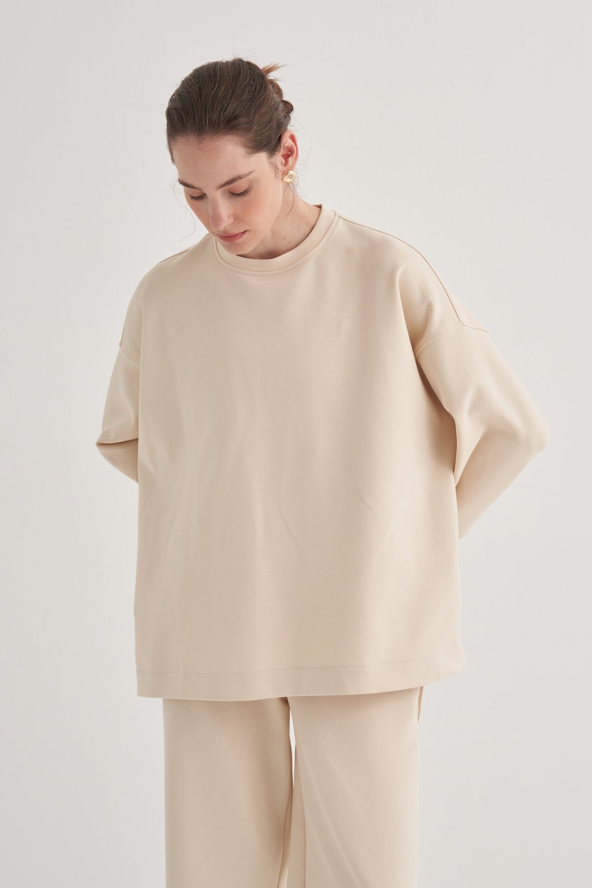 Kadın İnterlok Kol Detaylı Bluz Bej