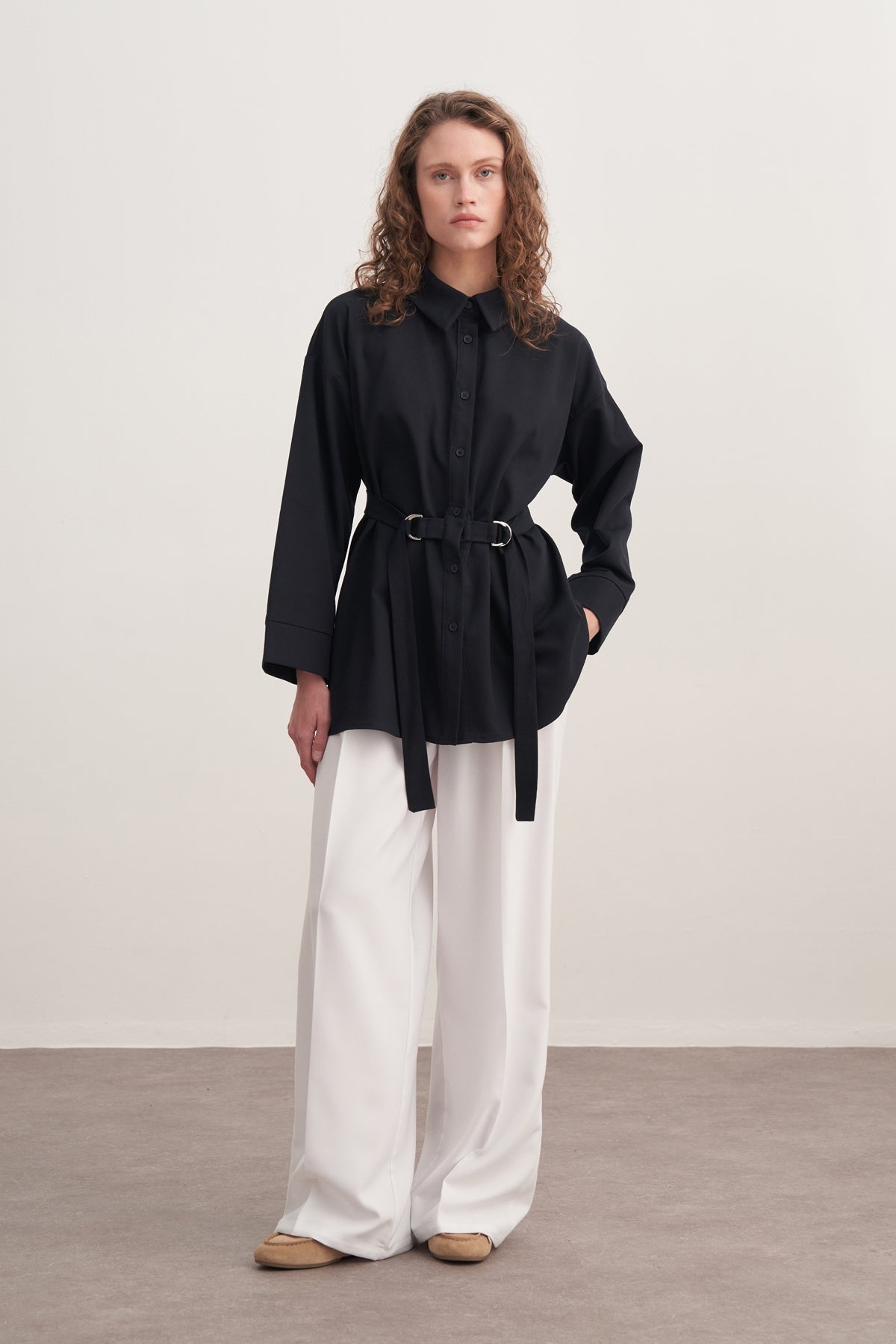 Kadın Gabardin Kemerli Gömlek Lacivert