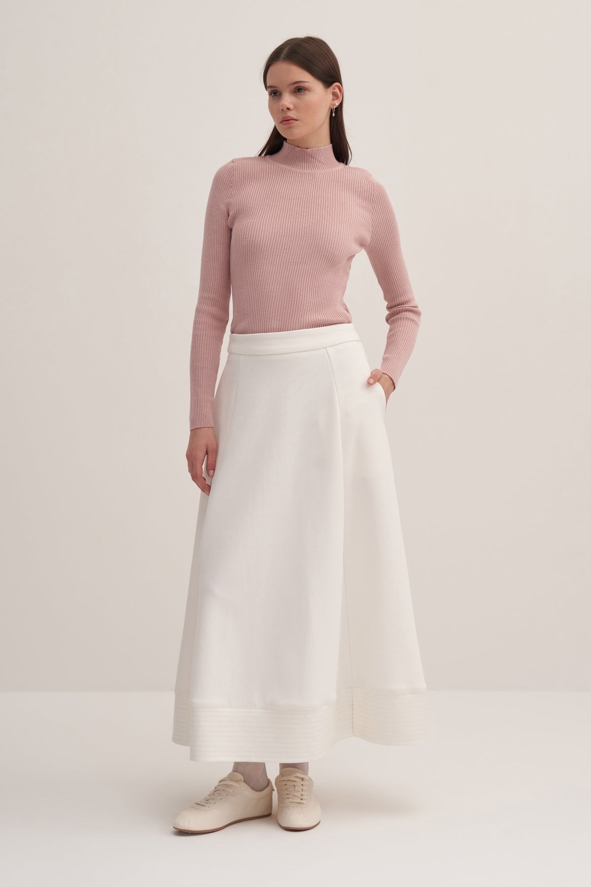 Kadın İnterlok Parçalı Volanlı Etek Ekru