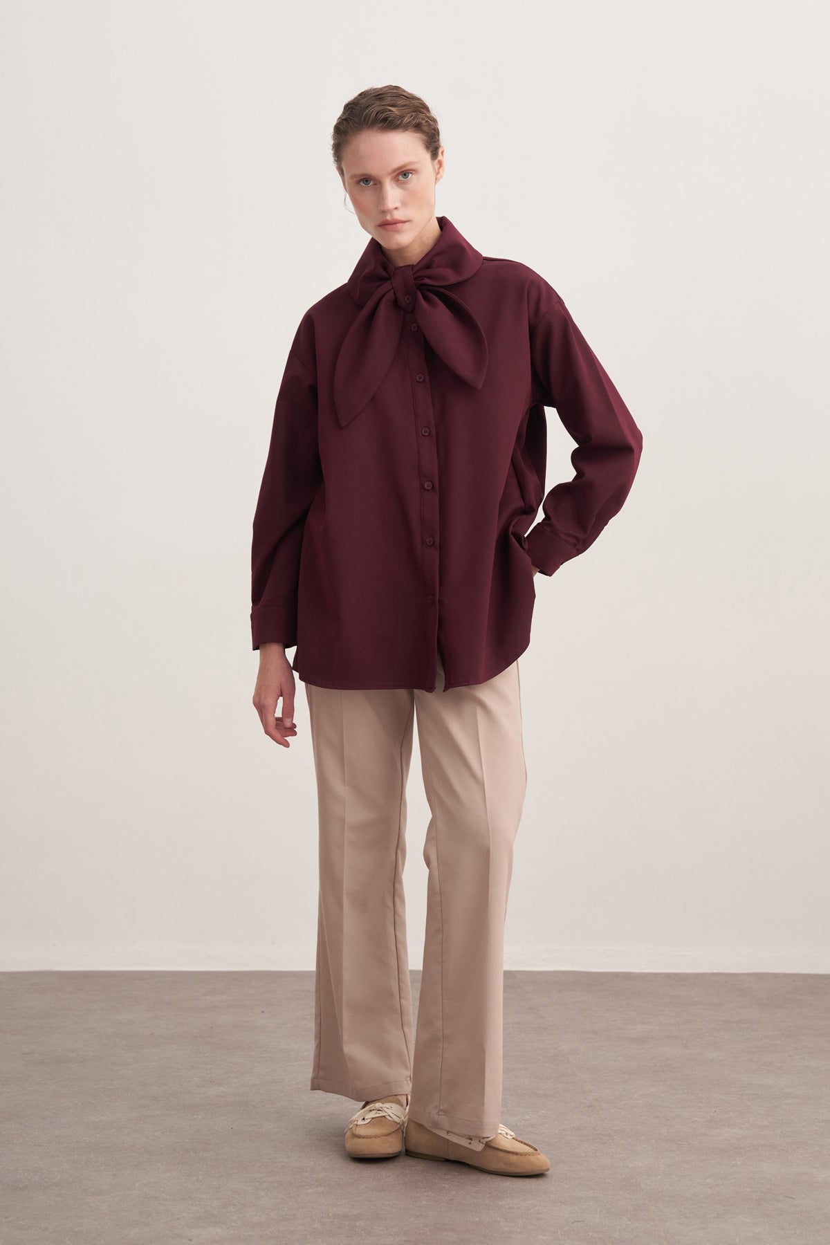 Kadın Gabardin Yaka Detaylı Gömlek Mürdüm