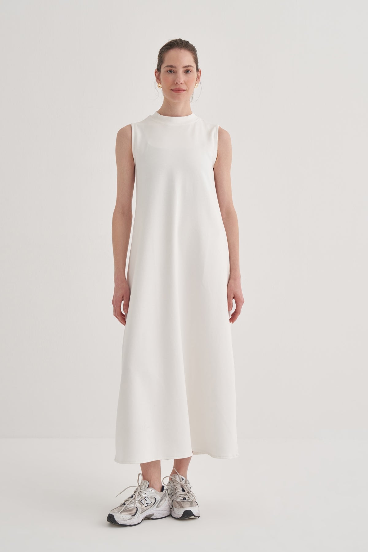 Kadın İnterlok Sıfır Kol Elbise Ekru