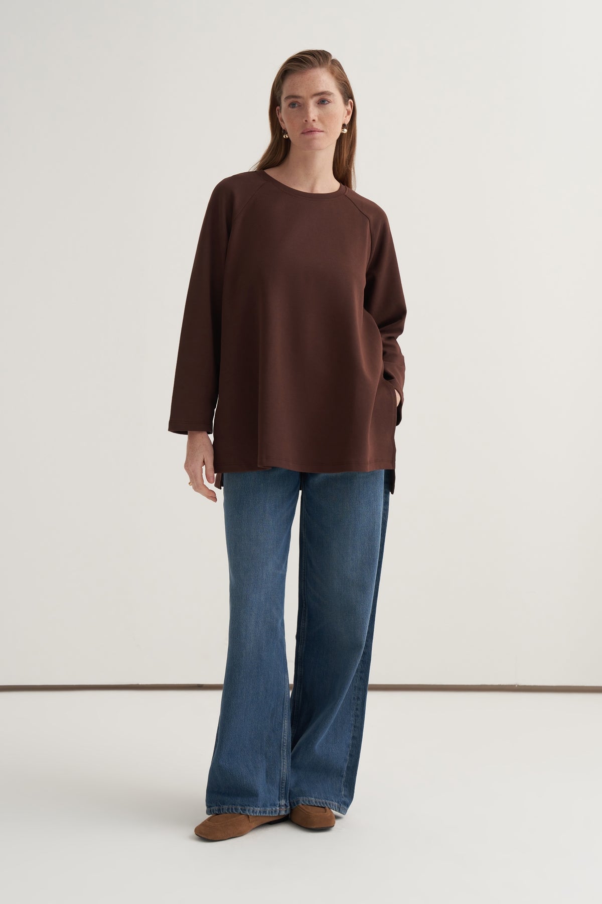 Kadın İnterlok Uzun Kollu Sweat Kahve