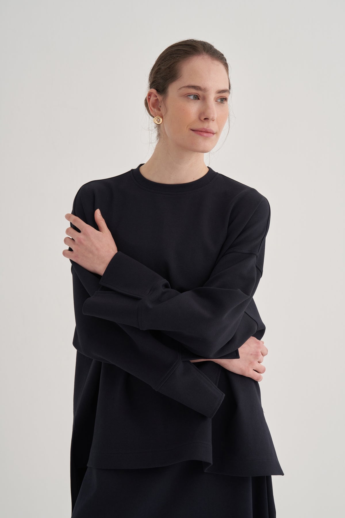 Kadın İnterlok Kol Detaylı Bluz Lacivert