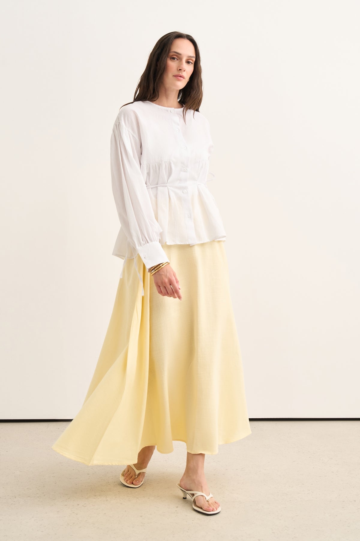 Kadın Organik Pamuk Büzgülü Bağcıklı Bluz Beyaz