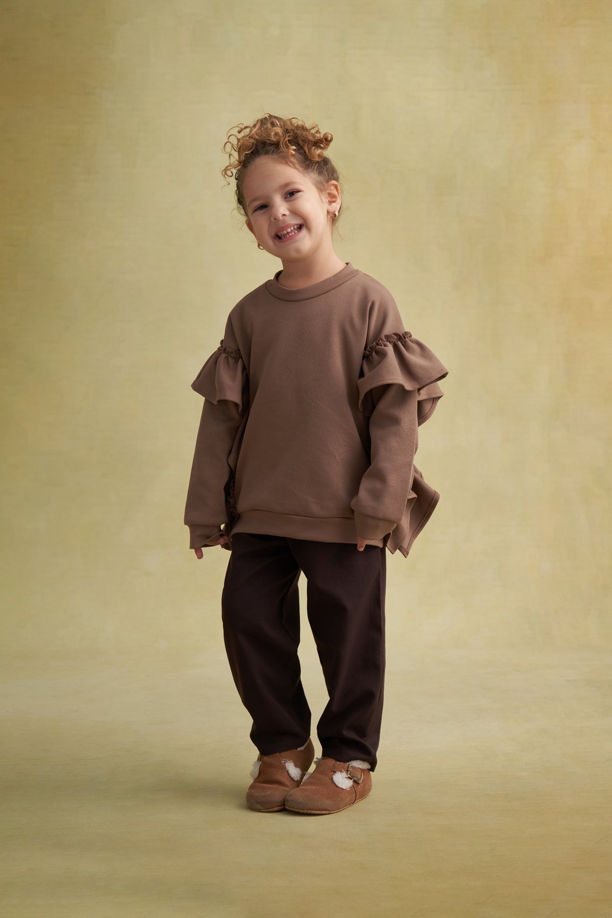 Unisex Çocuk Gabardin Bel Lastikli Pantolon Kahve