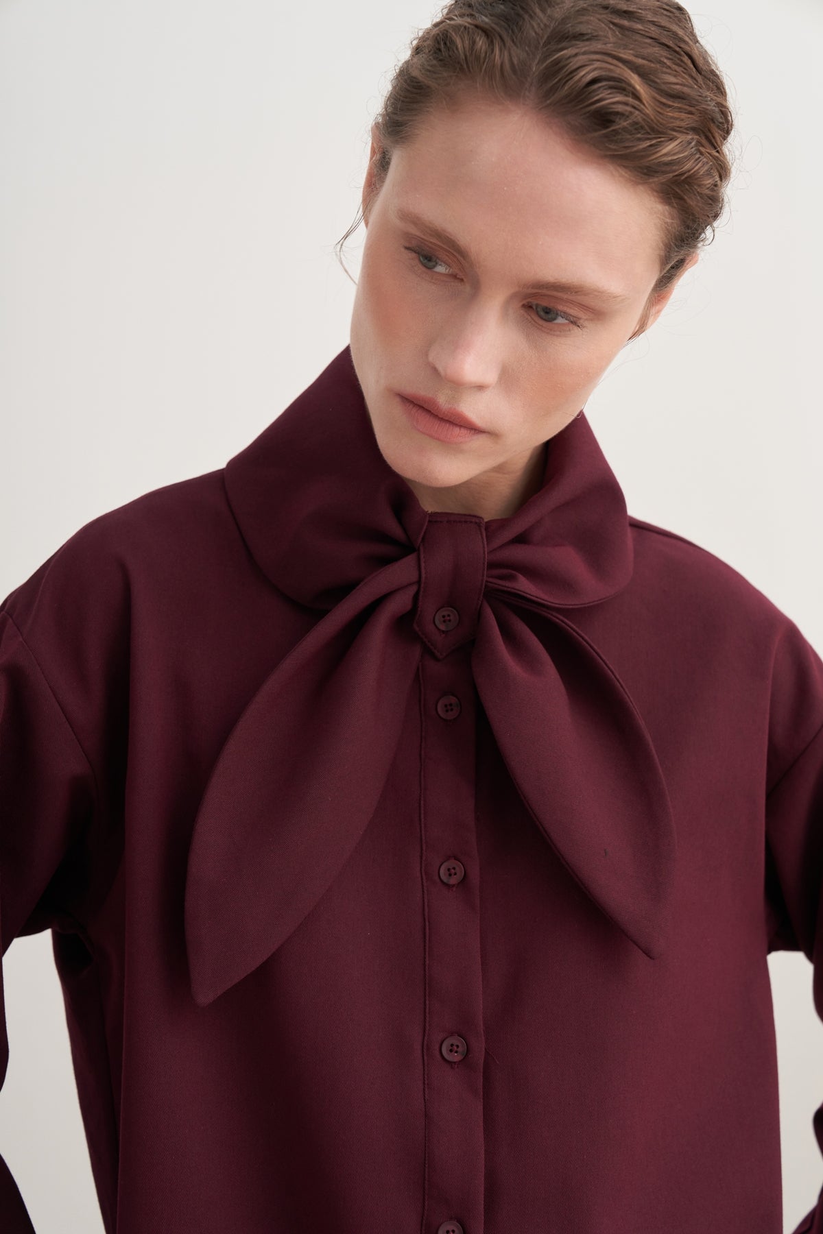 Kadın Gabardin Yaka Detaylı Gömlek Mürdüm