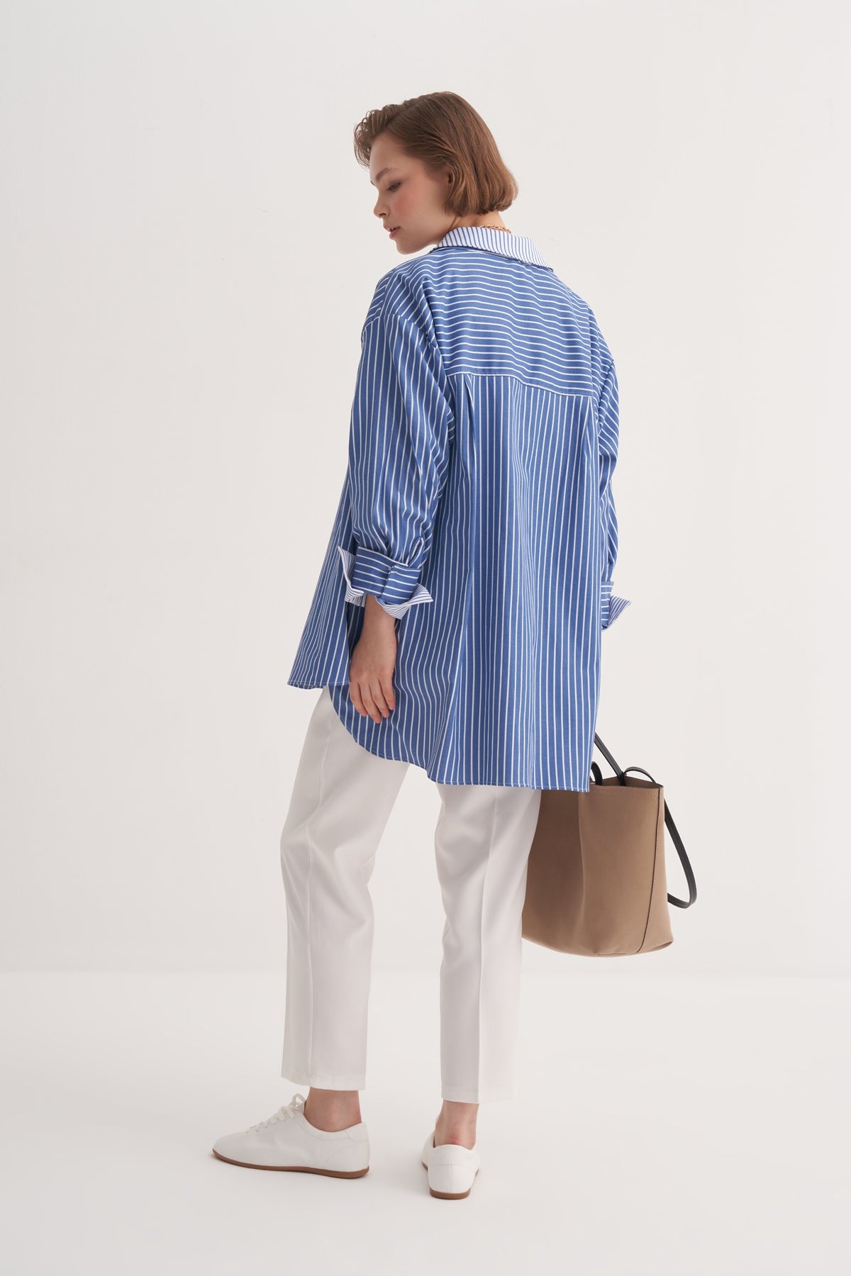 Kadın Poplin Oversize Robalı Gömlek Çizgili Lacivert