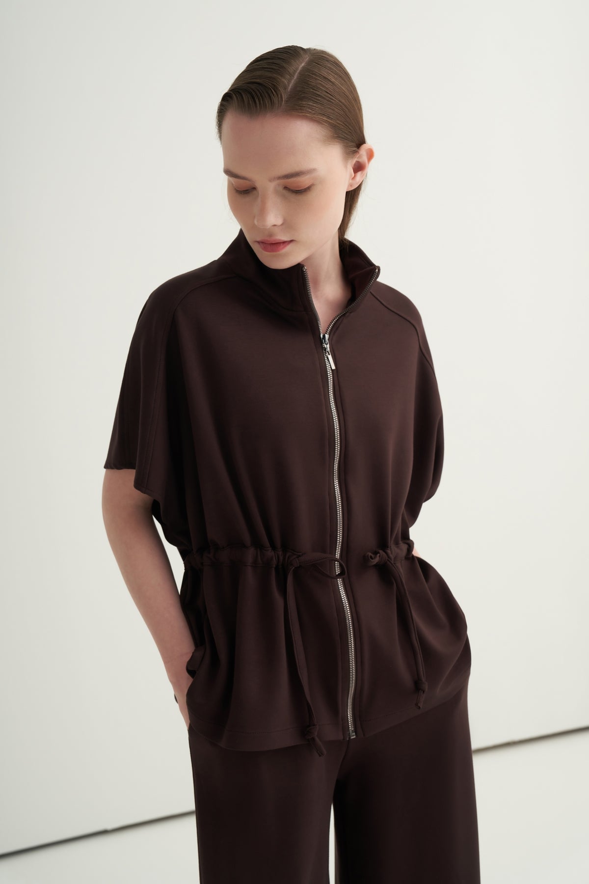 Kadın Oversize Yelek Bol Paça Pantolon Takım Kahve