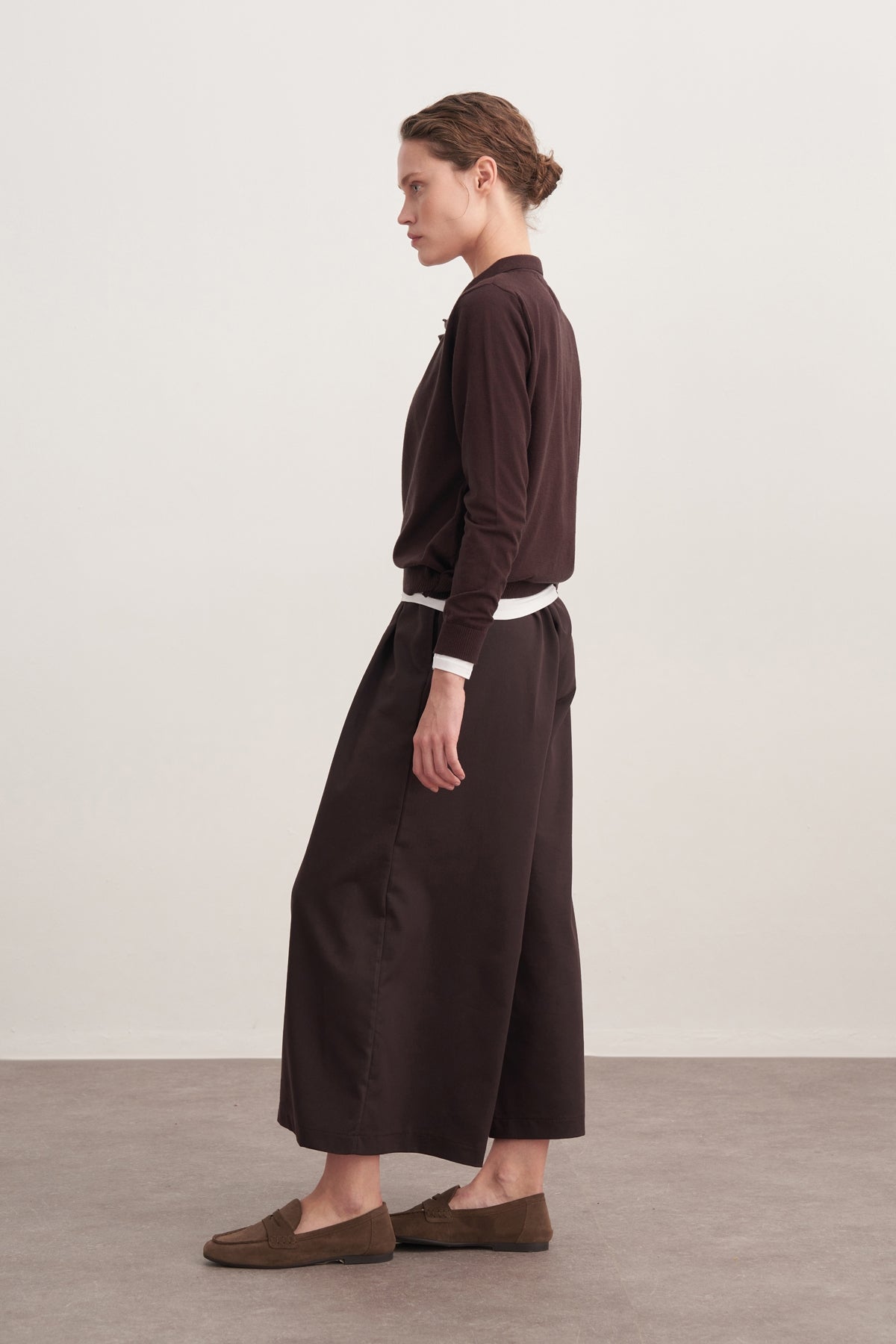 Kadın Gabardin Çift Pile Pantolon Kahve