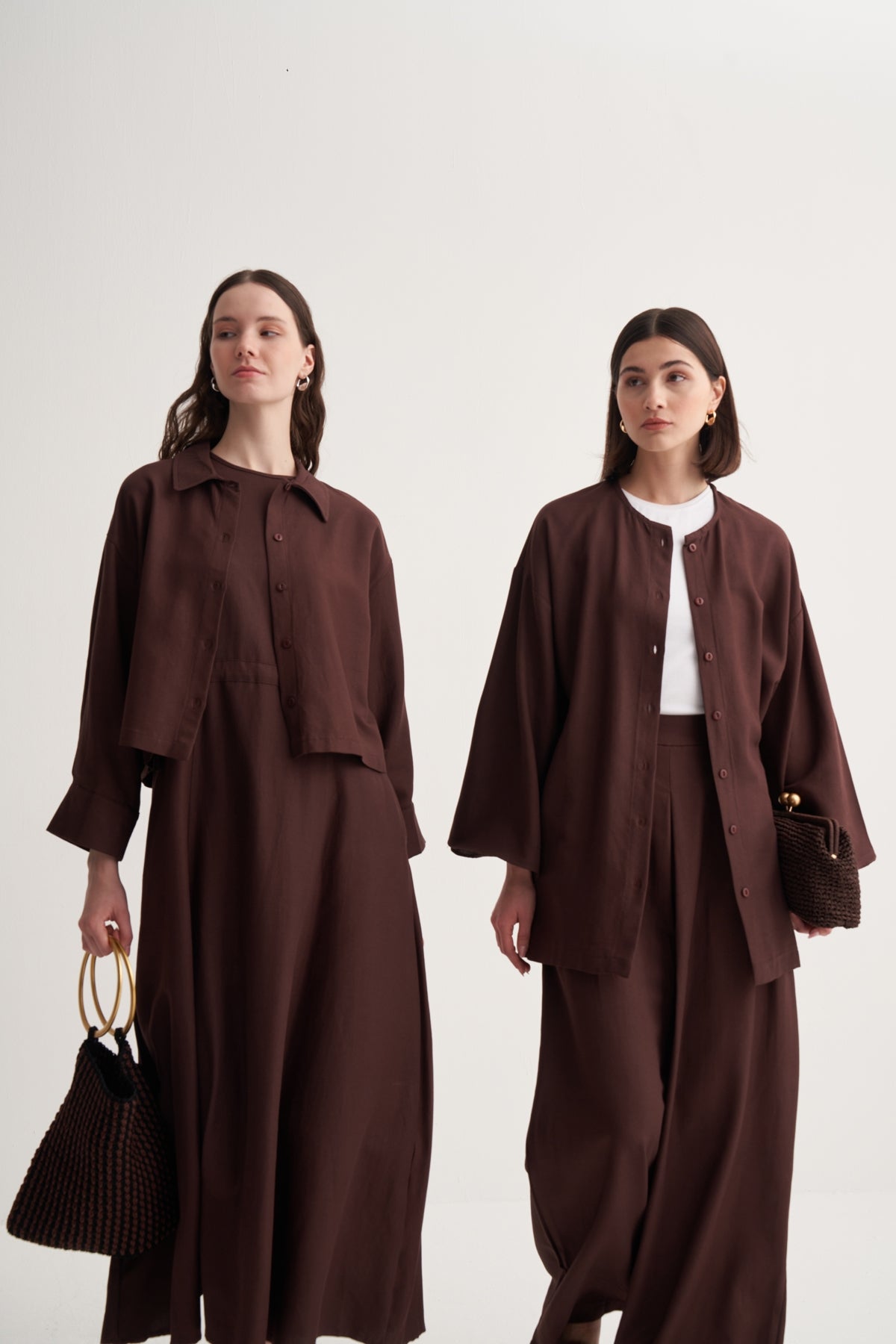 Kadın Dökümlü Pamuklu Kimono Gömlek Acı Kahve