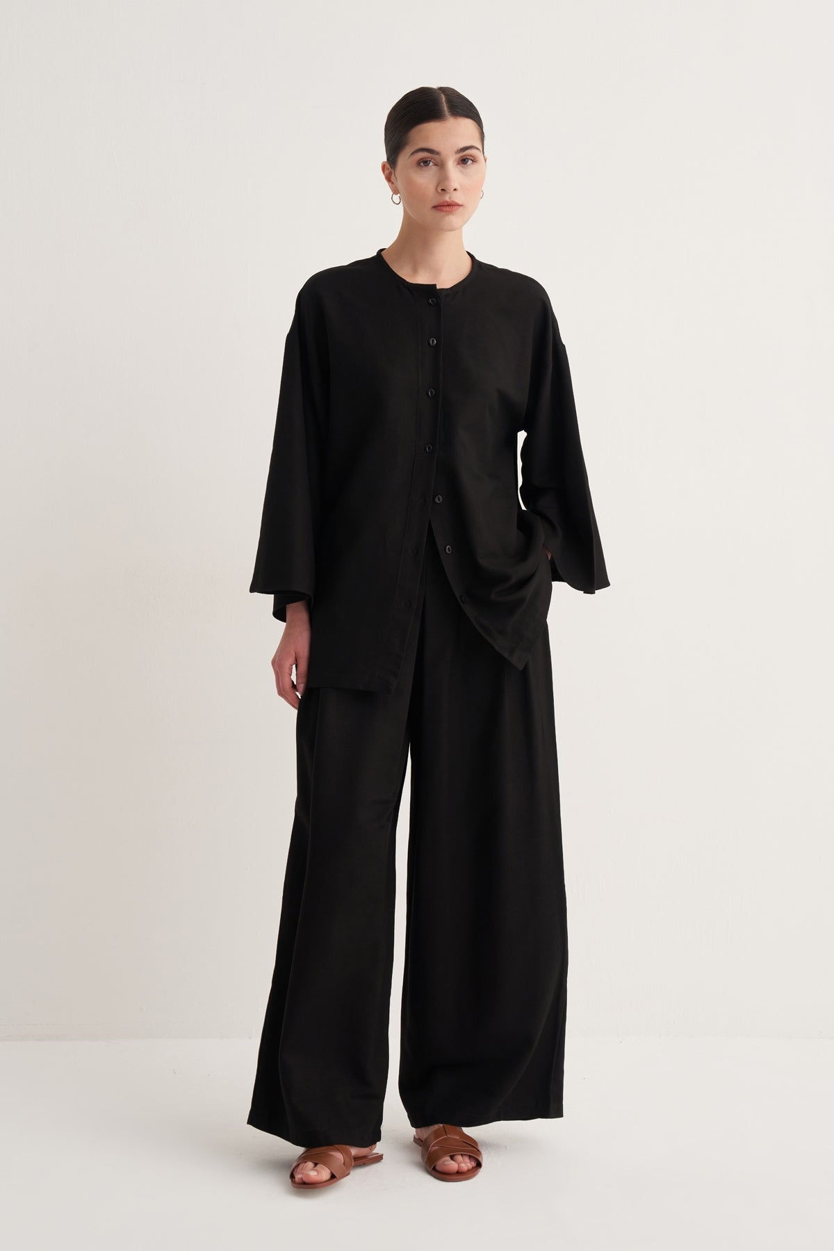 Kadın Dökümlü Pamuklu Kimono Gömlek Siyah