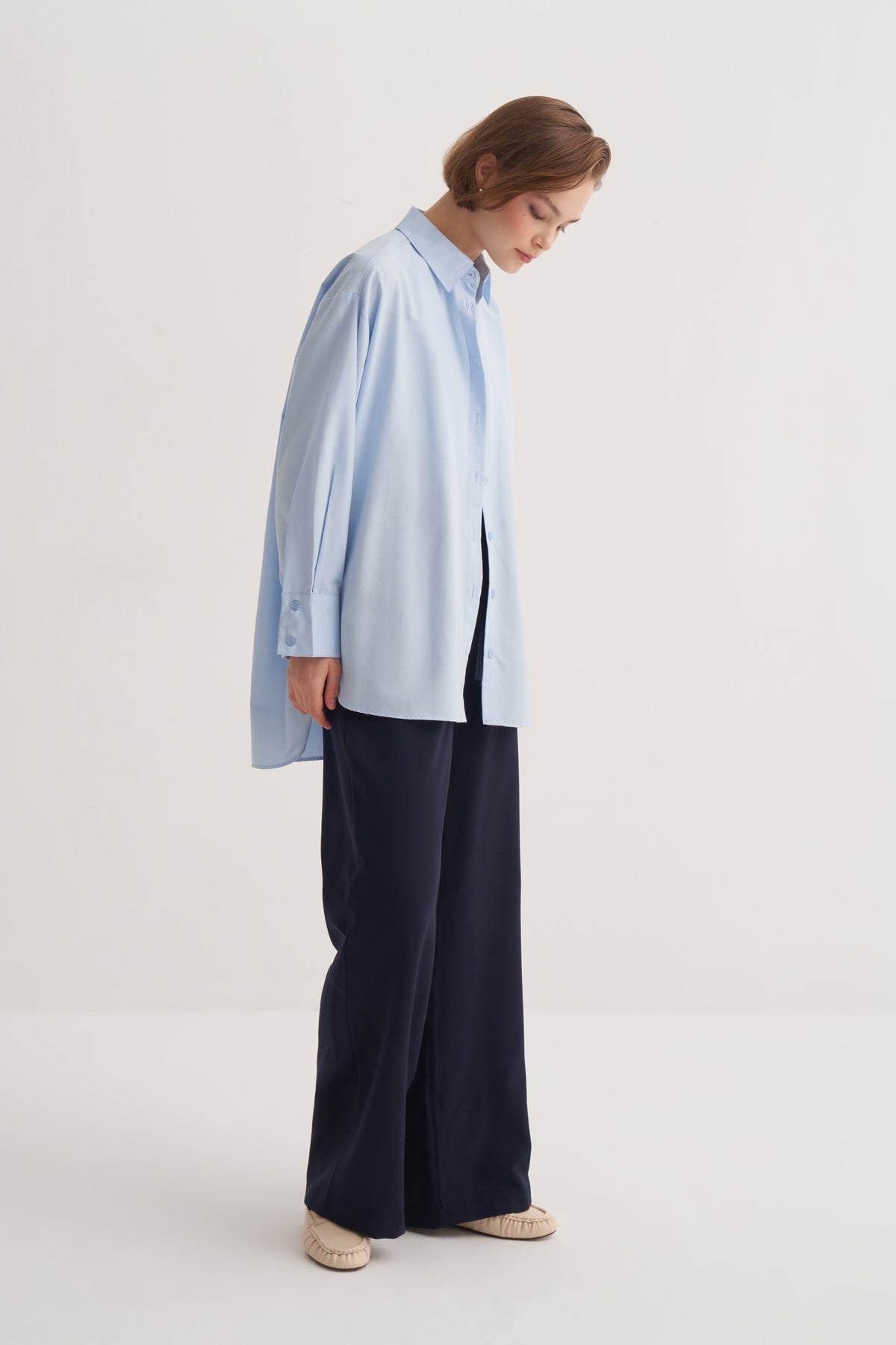 Kadın Poplin Oversize Robalı Gömlek Mavi