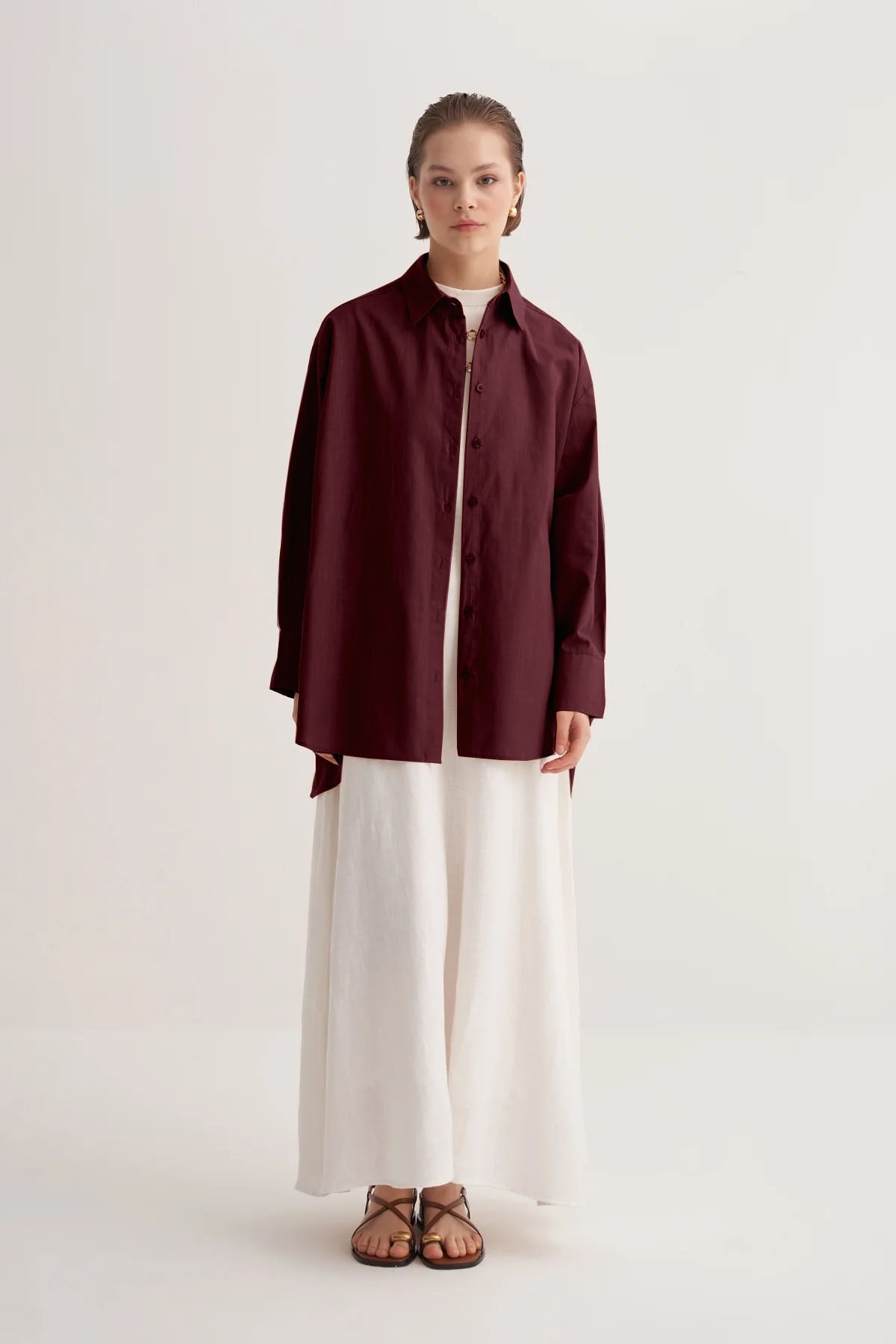 Kadın Poplin Oversize Robalı Gömlek Bordo