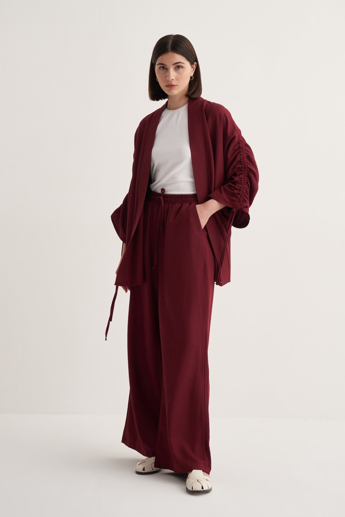 Kadın Cupra Dökümlü Pamuklu Büzgü Detaylı Kimono Pantolon Takım Bordo