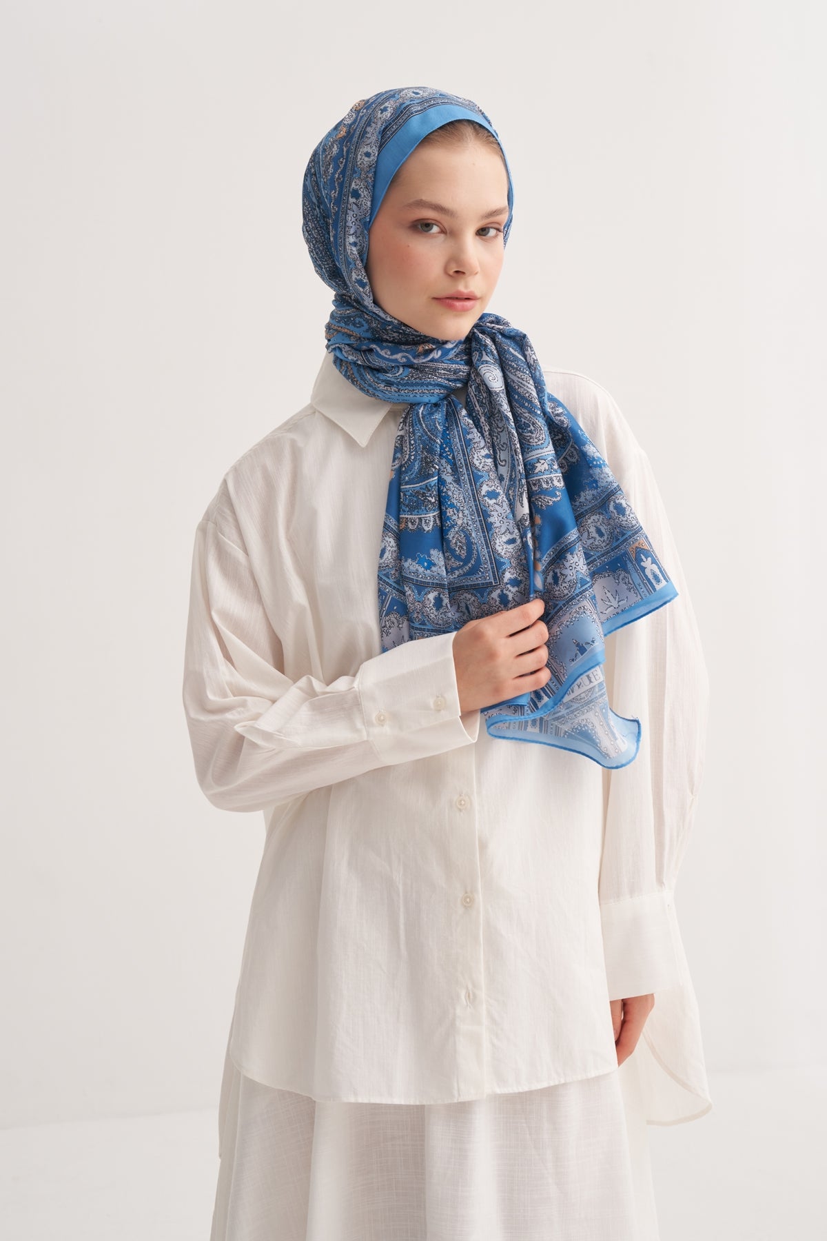 Kadın Mari Desen İpeksi Şal Mavi