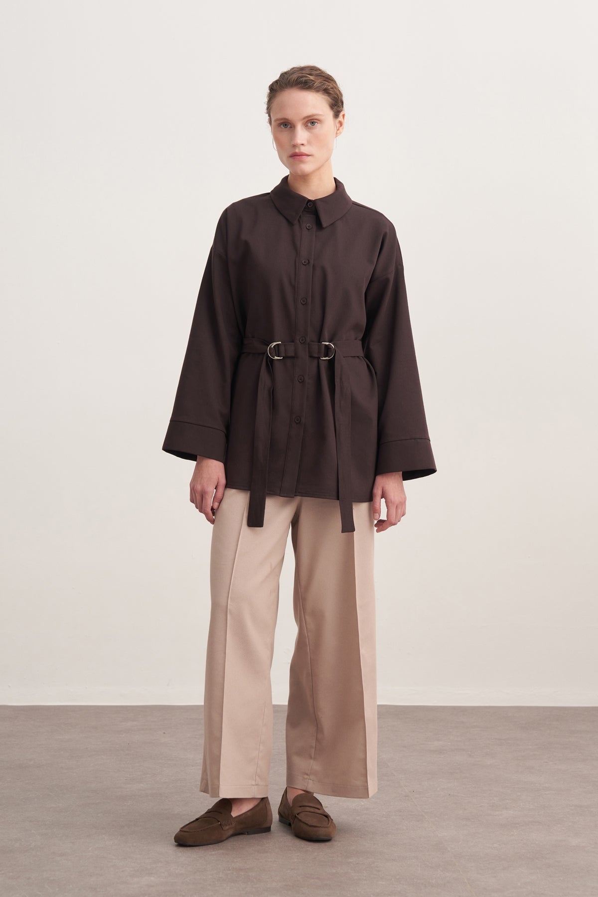 Kadın Gabardin Kemerli Gömlek Kahve