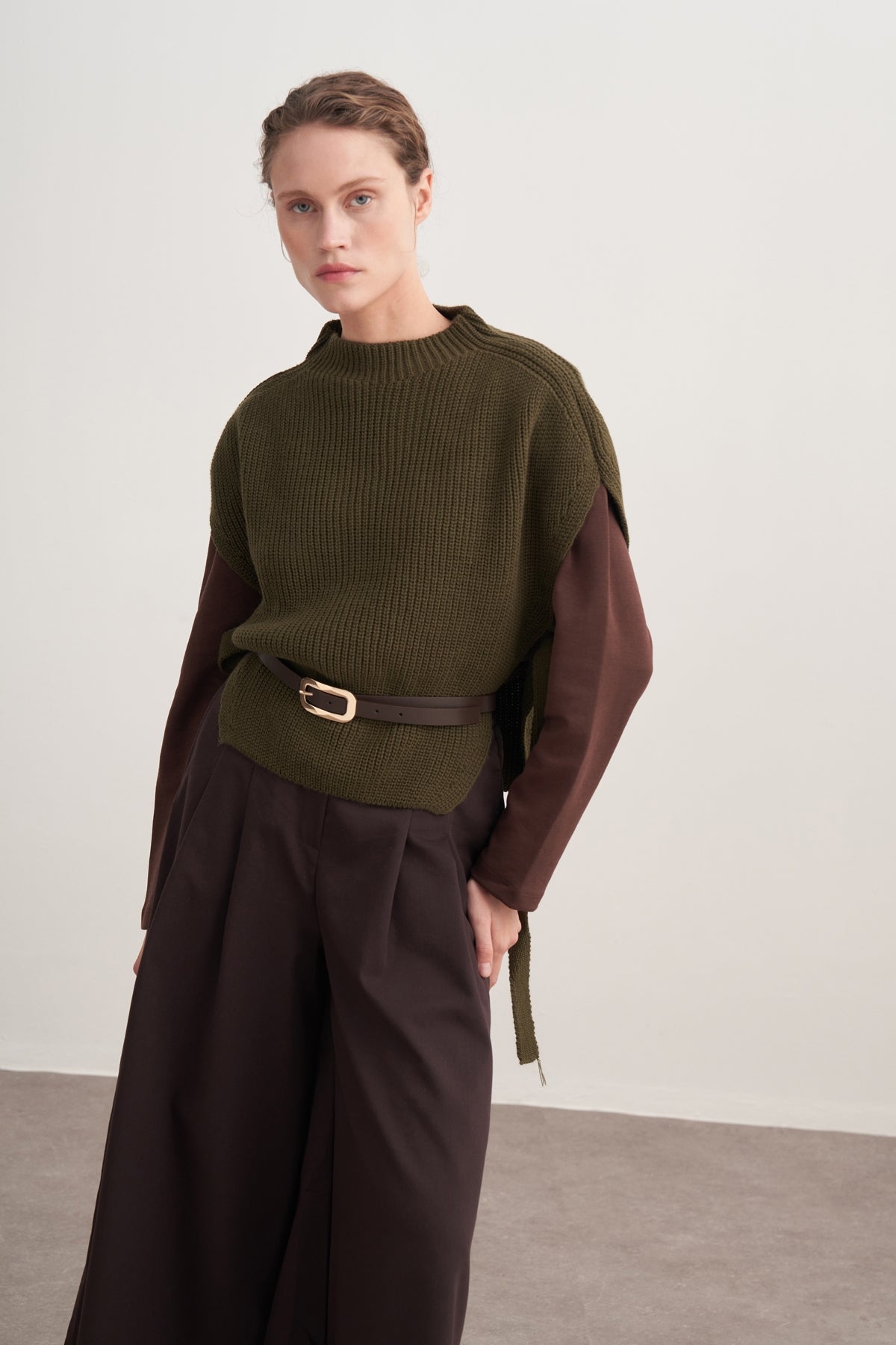 Kadın Bağlama Detaylı Triko Süveter Haki