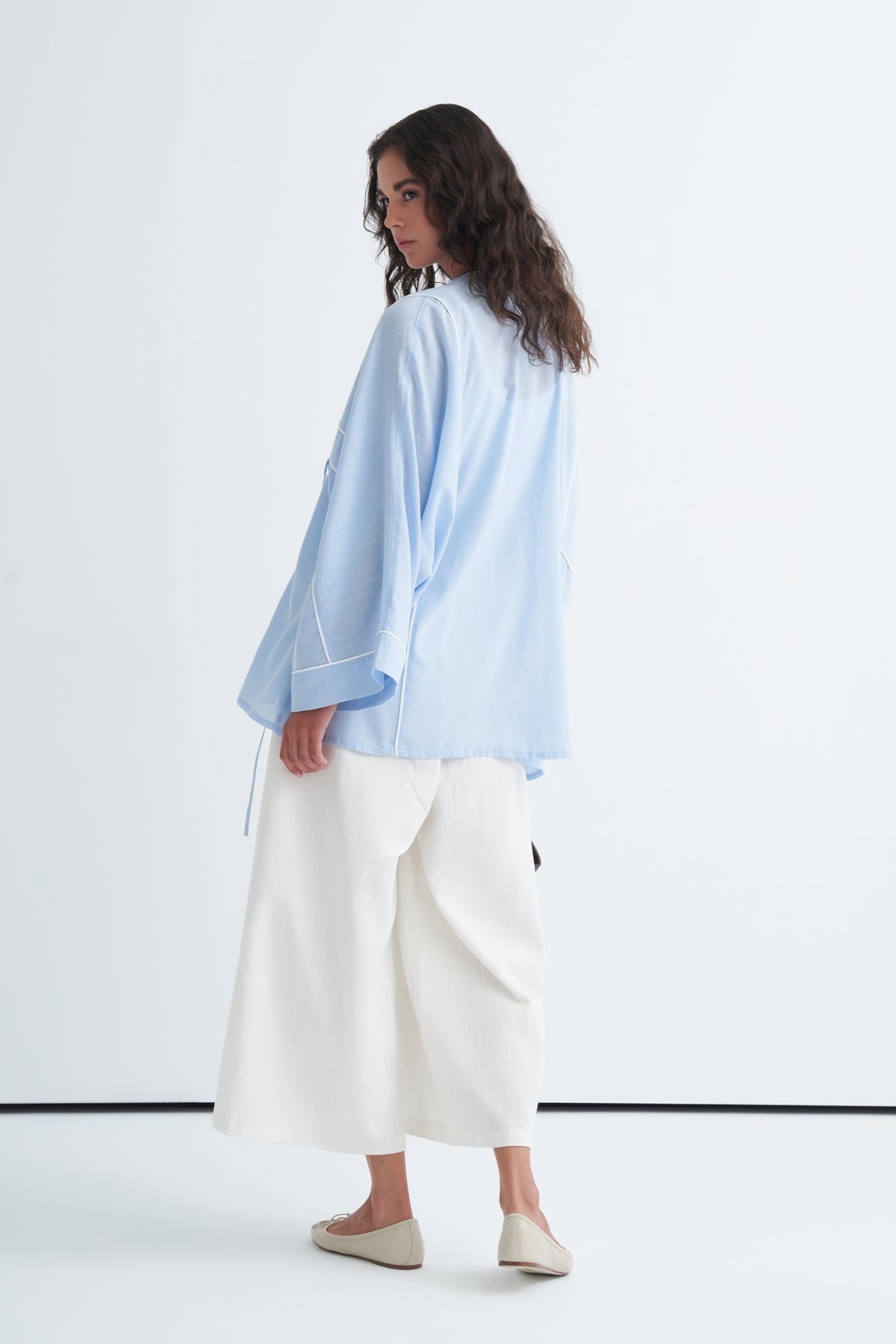 Kadın Kontrast Kimono Pantolon Takım Mavi
