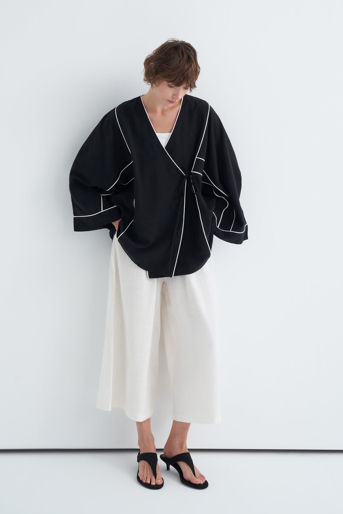 Kadın Kontrast Kimono Pantolon Takım Siyah