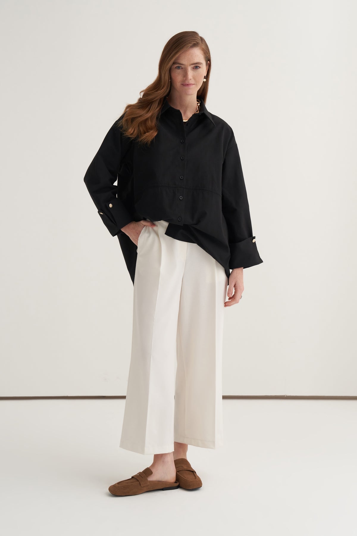 Kadın Oversize Kol Düğmeli Gömlek Siyah