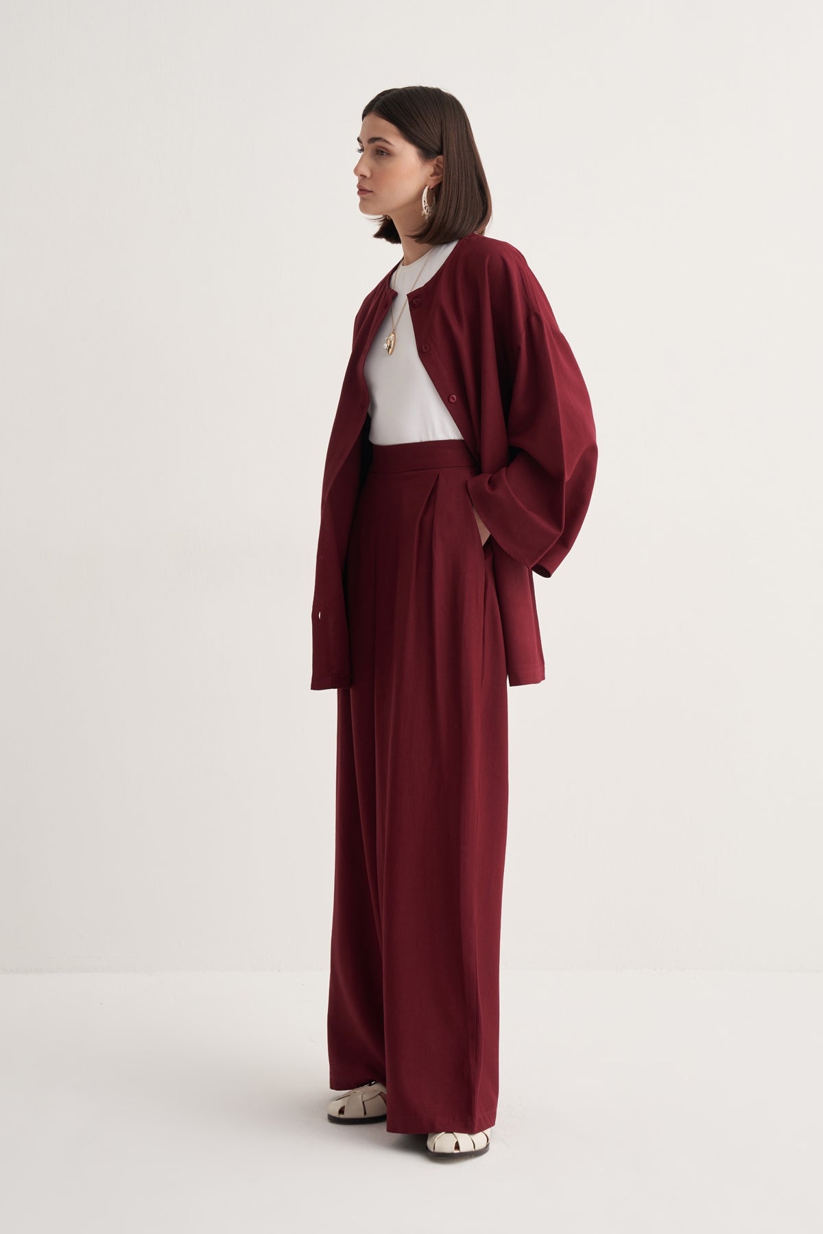 Kadın Dökümlü Pamuklu Pileli Etek Pantolon Bordo
