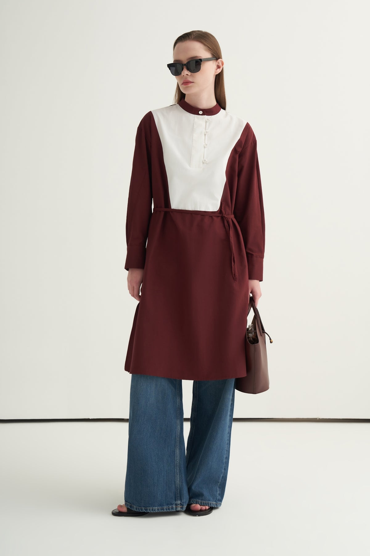 Kadın Hakim Yaka Kontrast Tunik Bordo