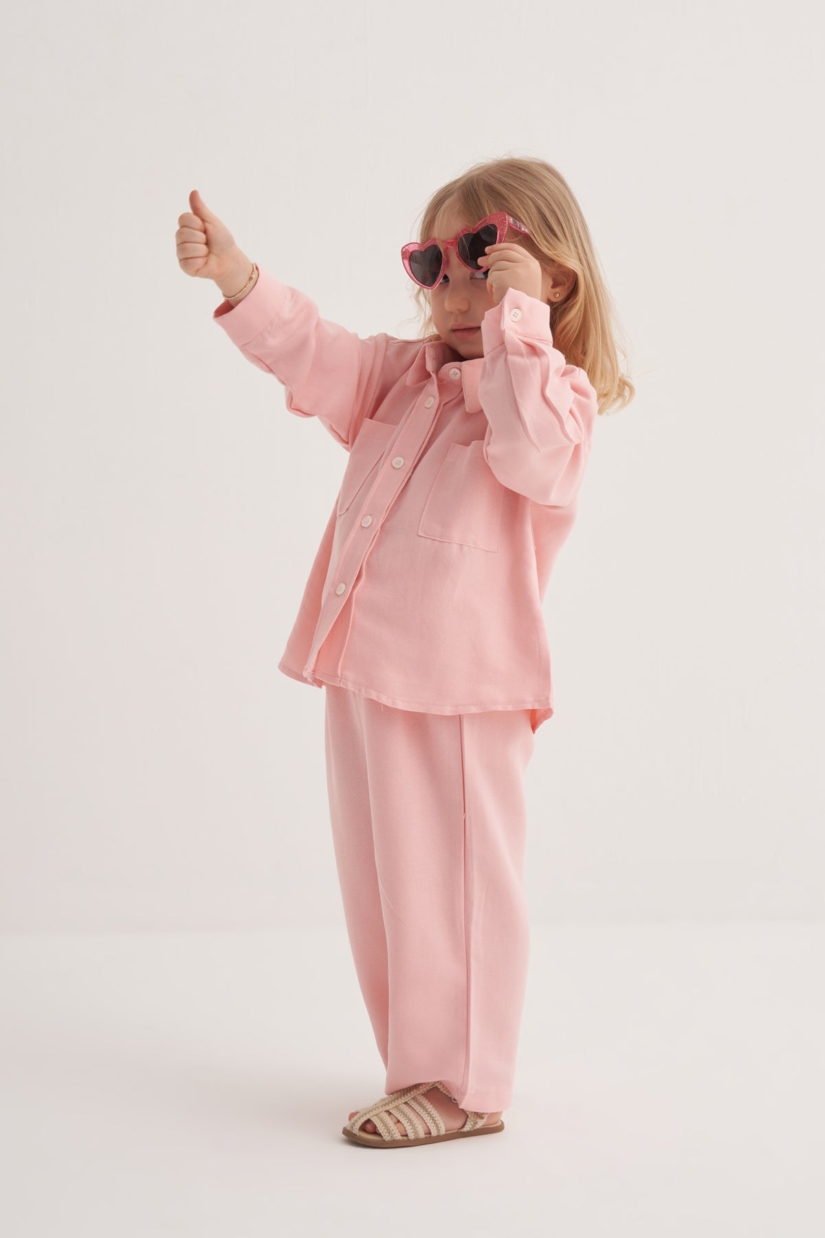 Unisex Çocuk Dökümlü Pamuklu Gömlek Pembe