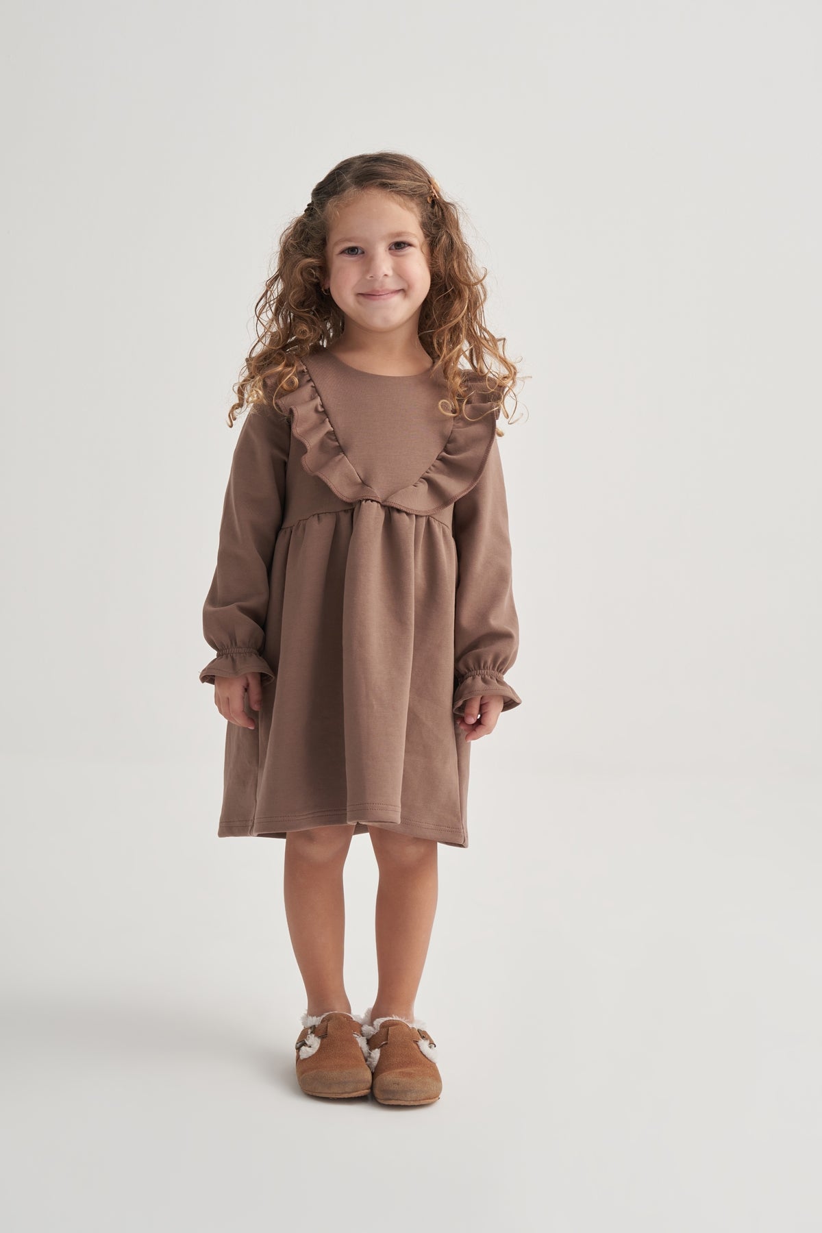 Kız Çocuk İnterlok Fırfırlı Uzun Kol Elbise Kahve