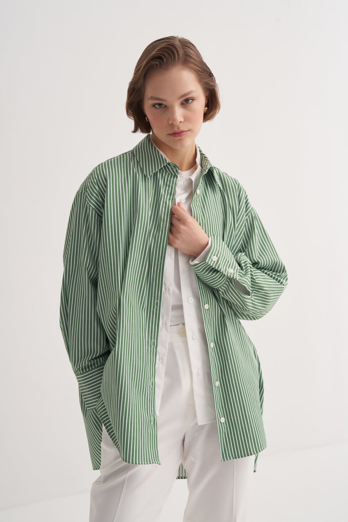 Kadın Poplin Oversize Robalı Gömlek Çizgili Yeşil