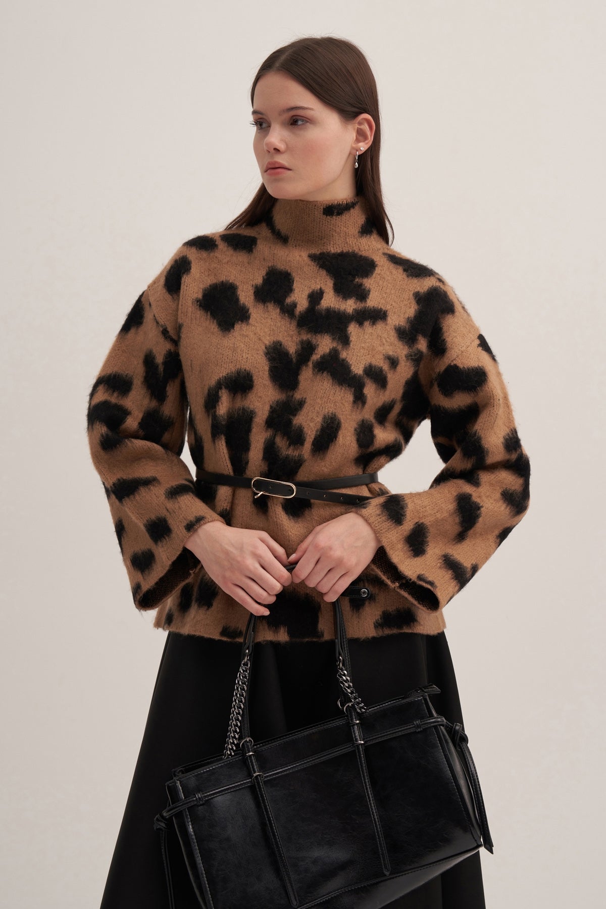 Kadın Leopar Desenli Triko Kazak Camel