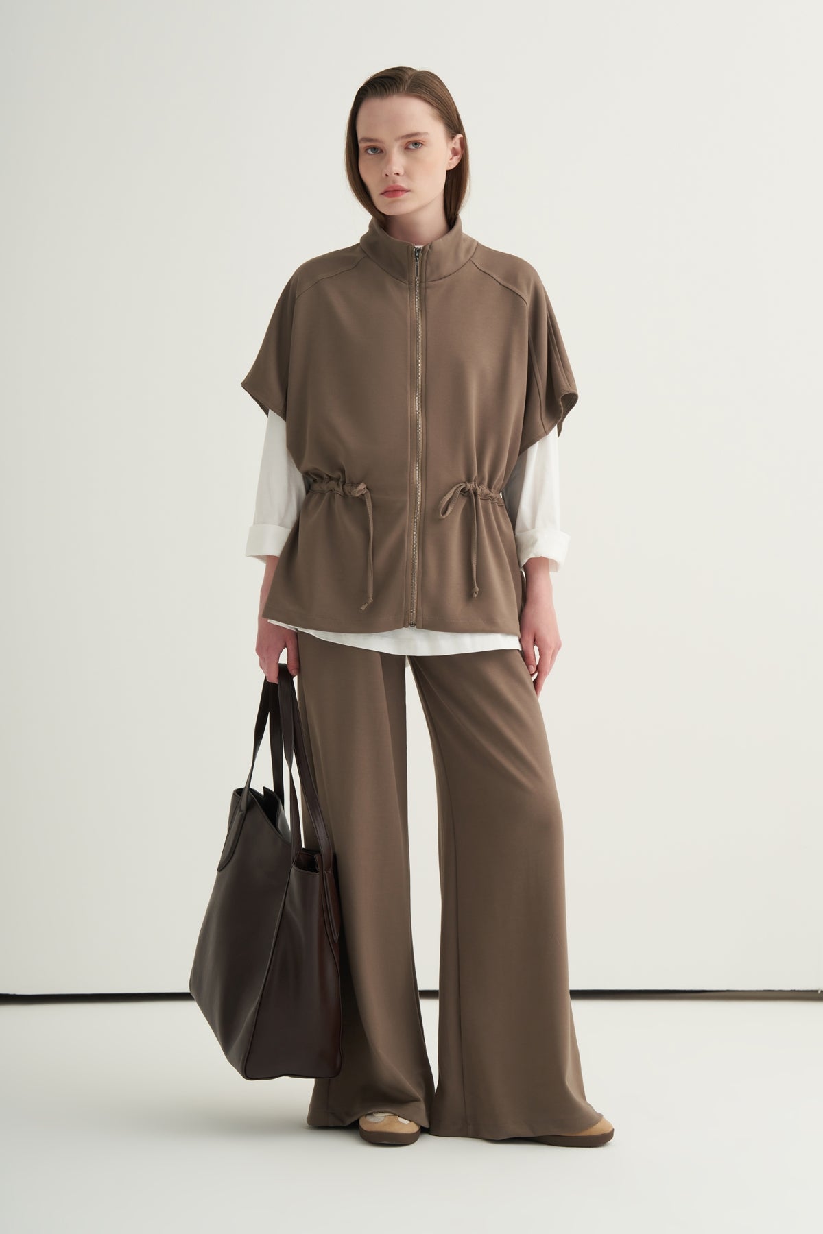 Kadın Oversize Yelek Bol Paça Pantolon Takım Vizon