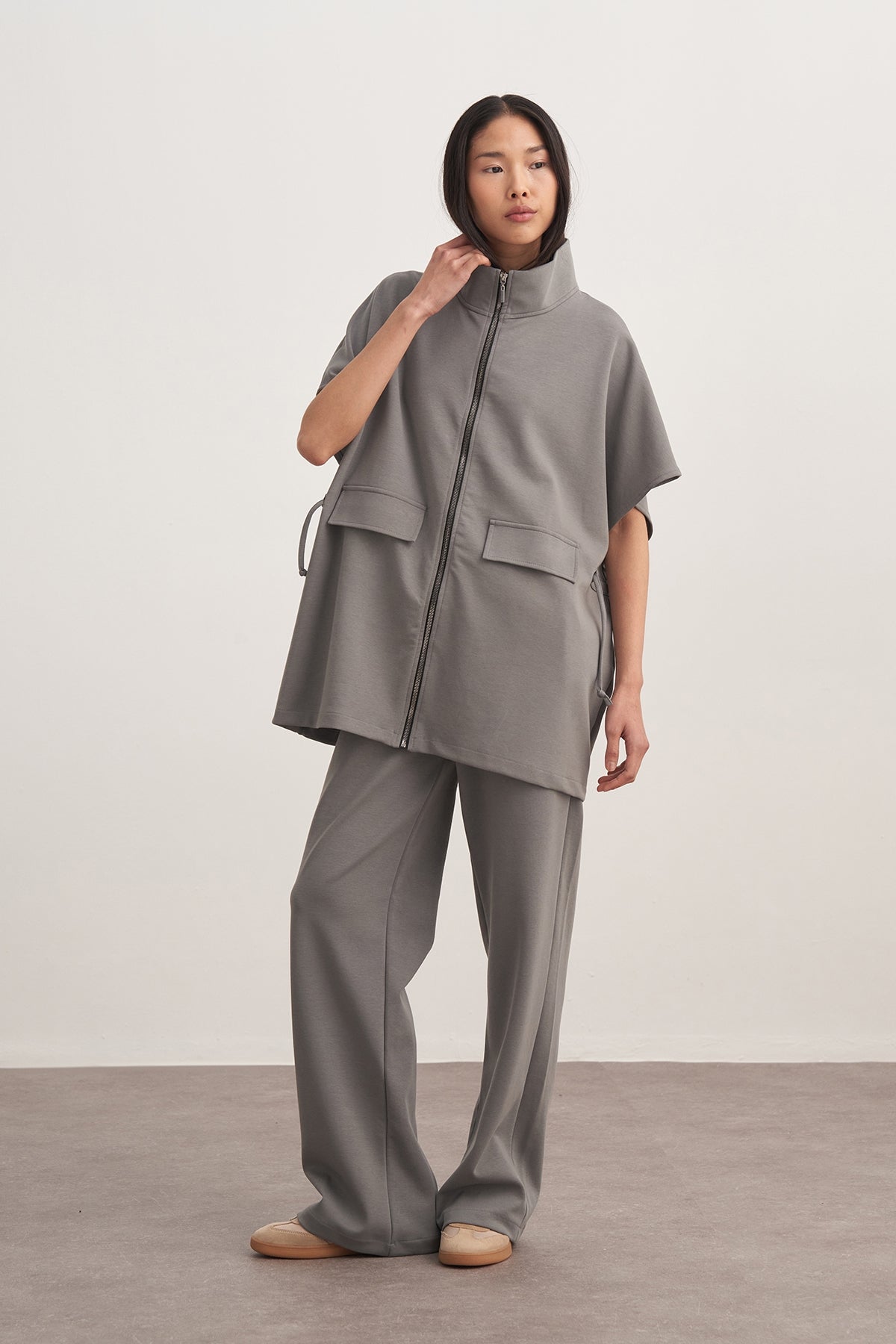 Kadın İnterlok Oversize Yelek Pantolon Takım Füme