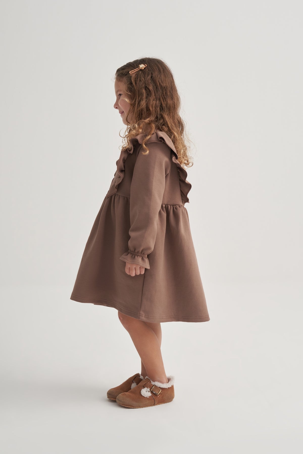 Kız Çocuk İnterlok Fırfırlı Uzun Kol Elbise Kahve