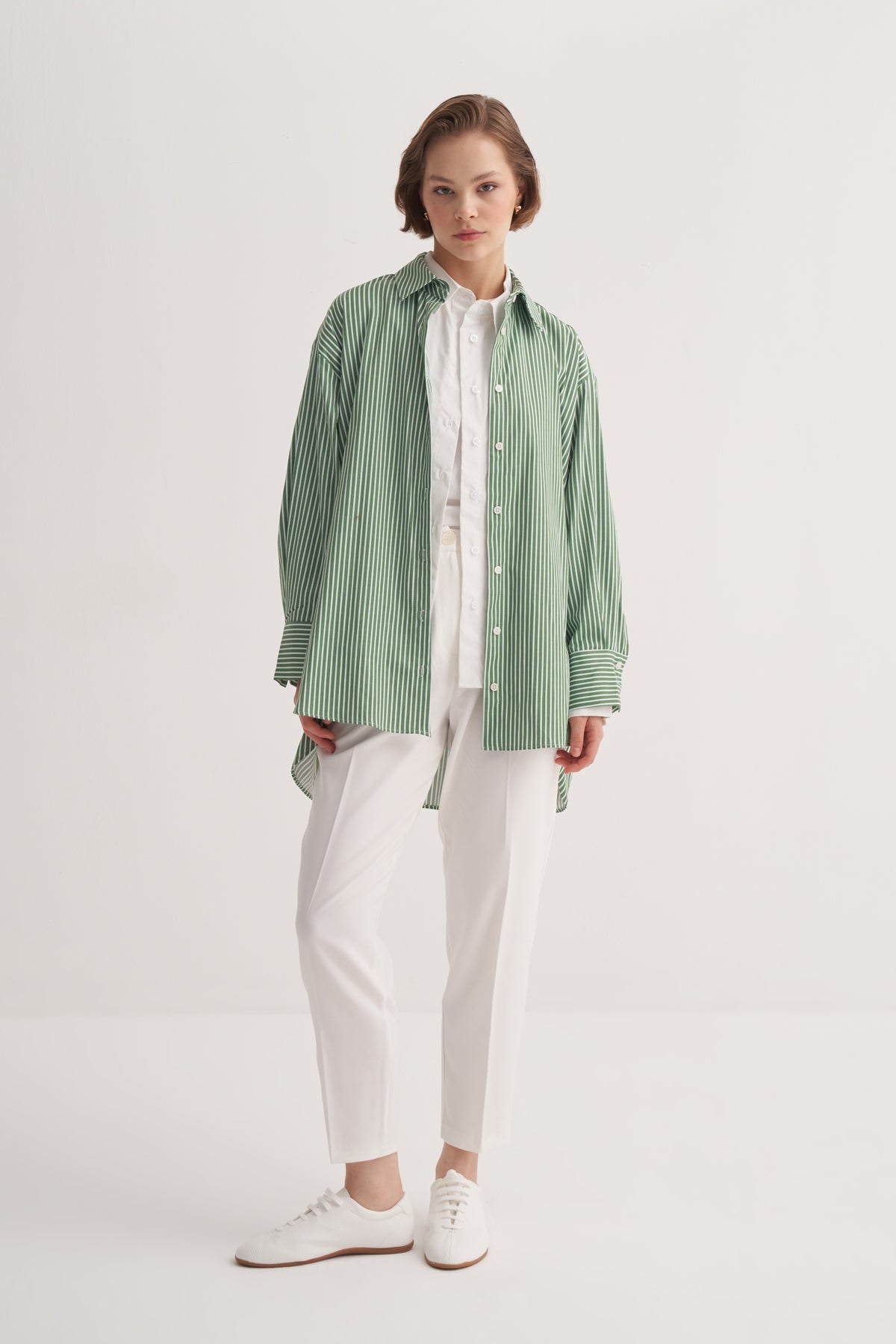 Kadın Poplin Oversize Robalı Gömlek Çizgili Yeşil