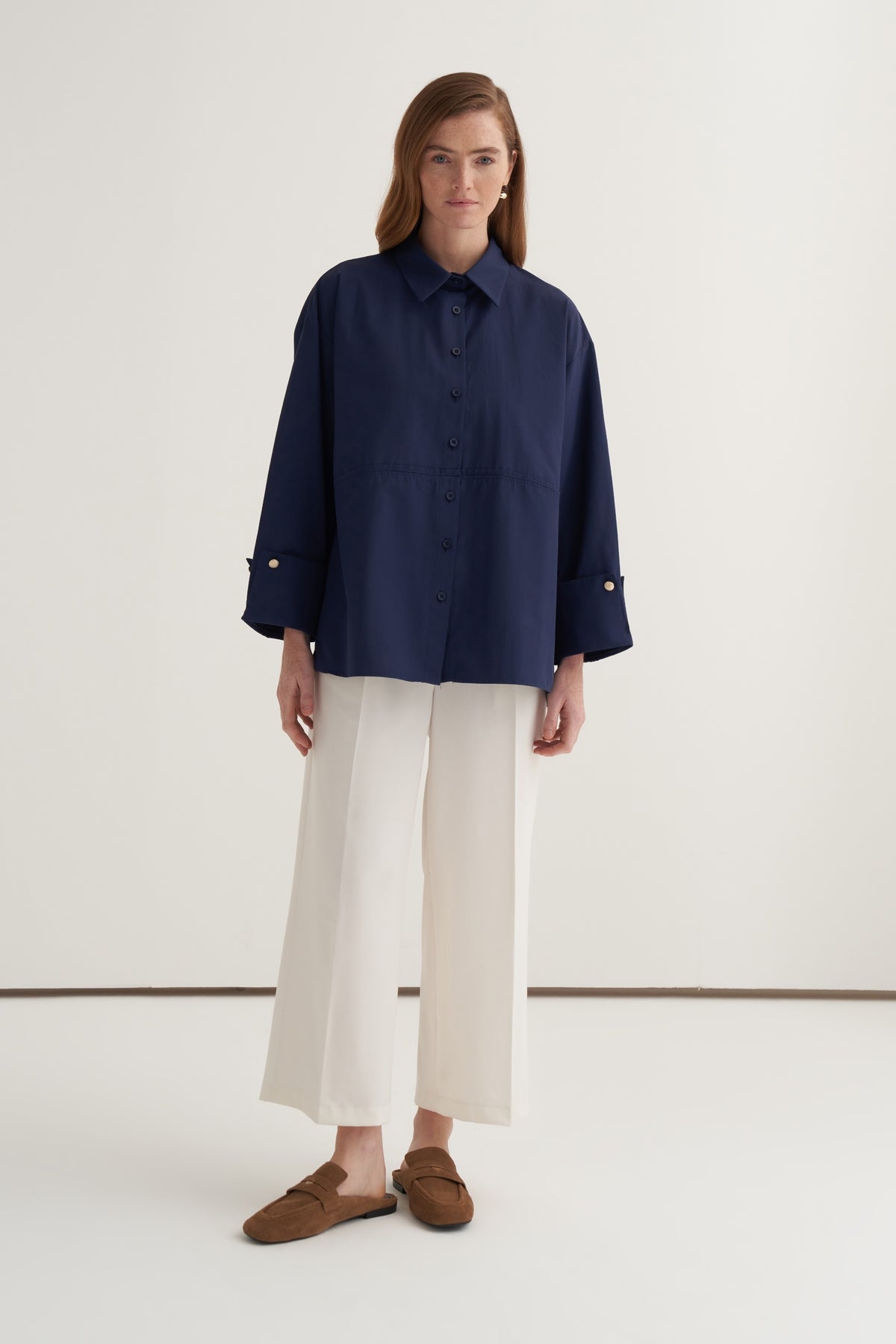 Kadın Oversize Kol Düğmeli Gömlek Lacivert