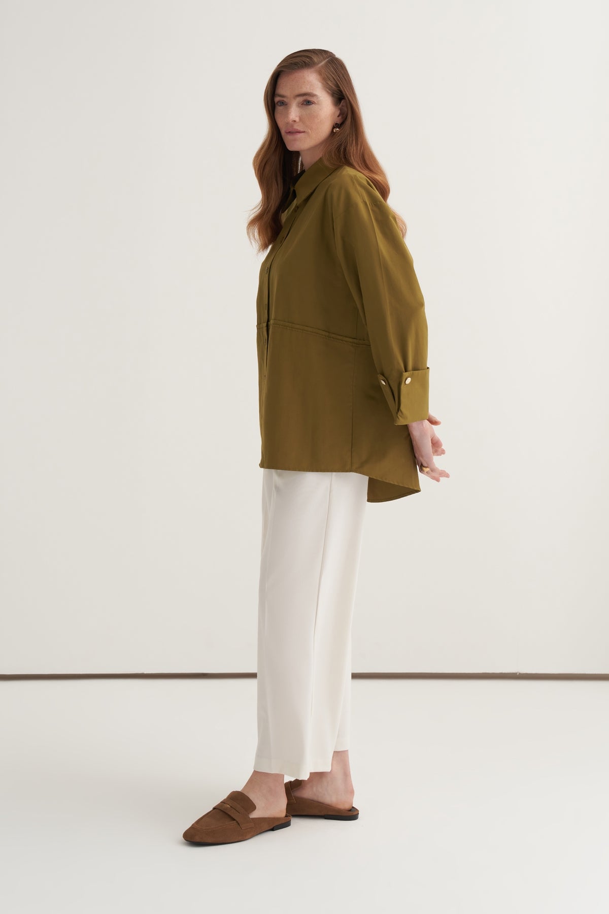 Kadın Oversize Kol Düğmeli Gömlek Yağ Yeşili