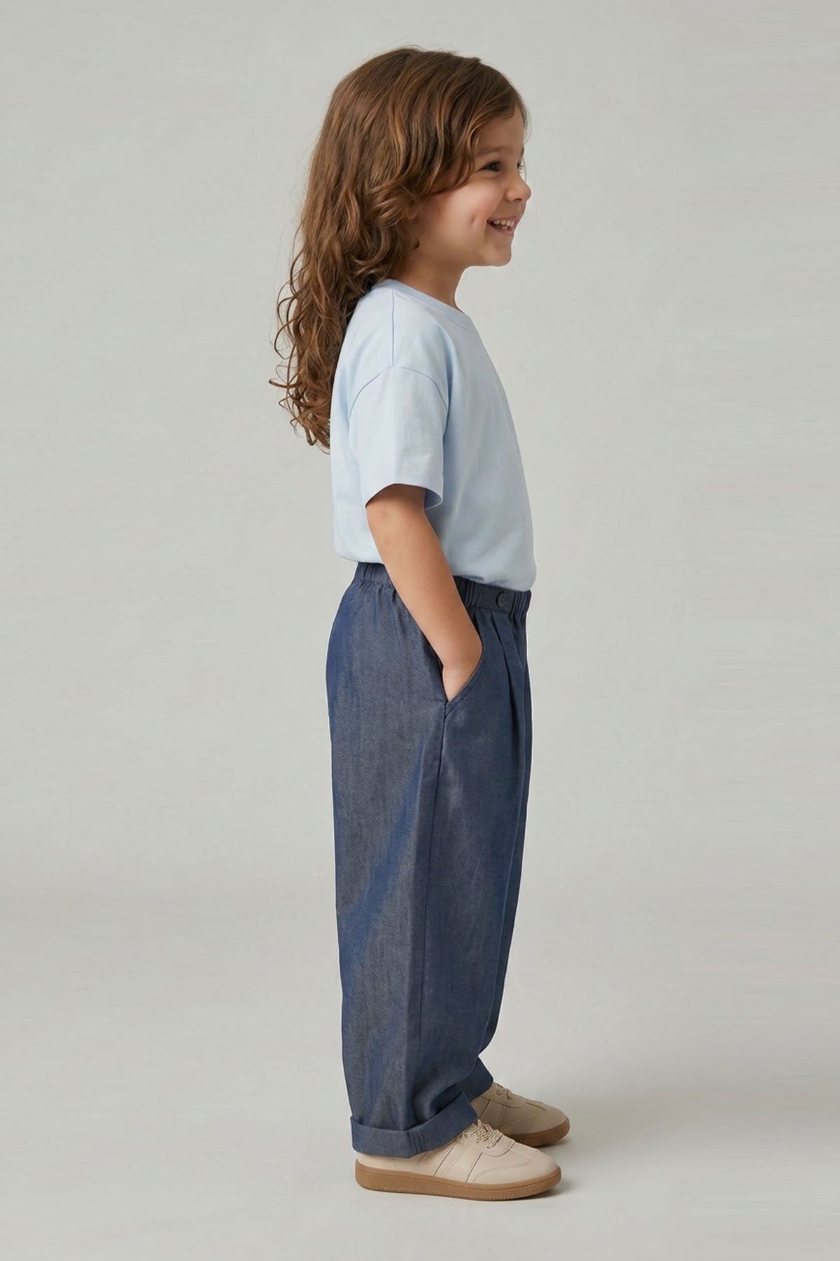 Unisex Çocuk Pileli Pantolon Tişört Takım Mavi/Kot
