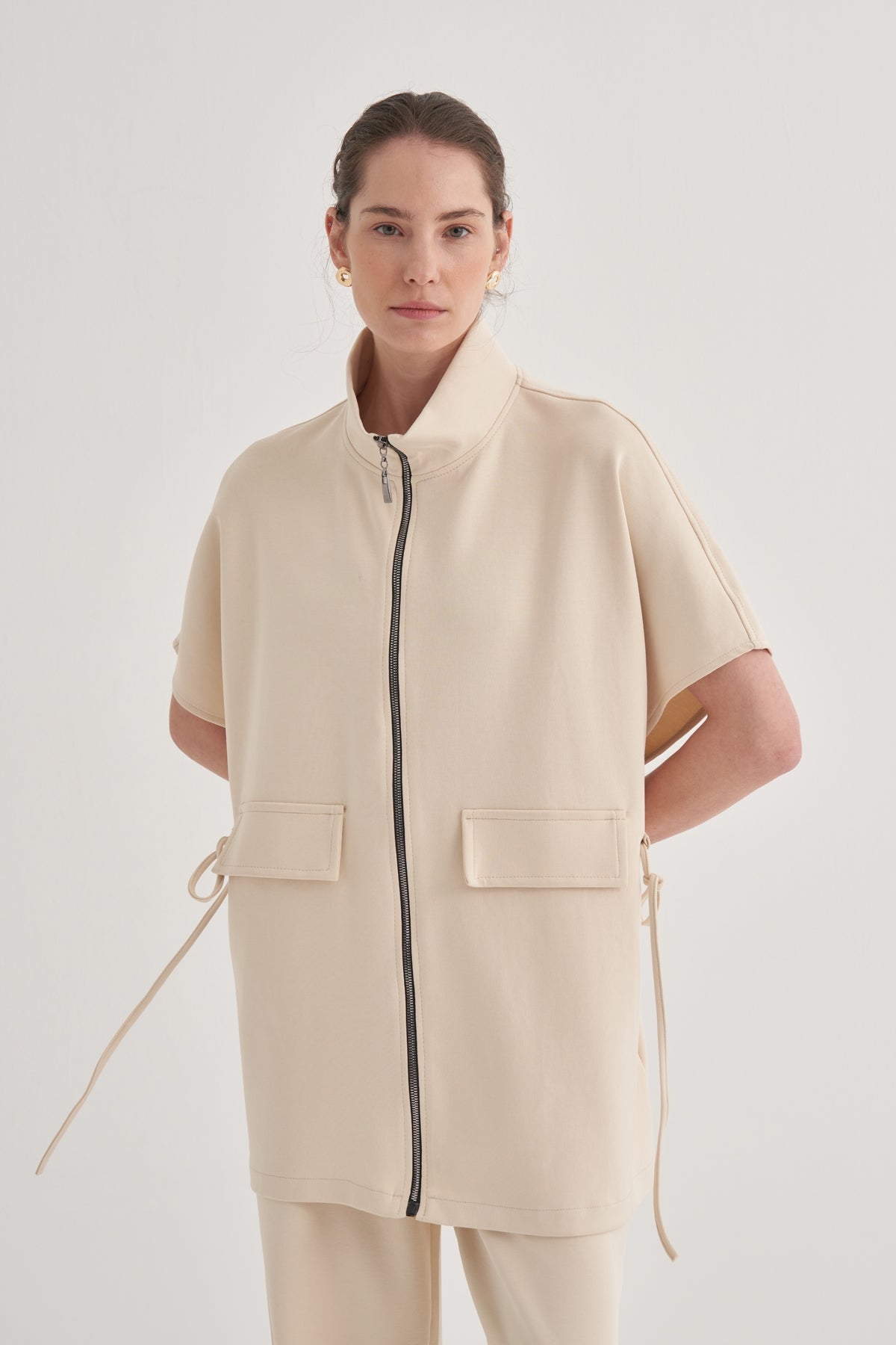 Kadın İnterlok Oversize Yelek Pantolon Takım Bej