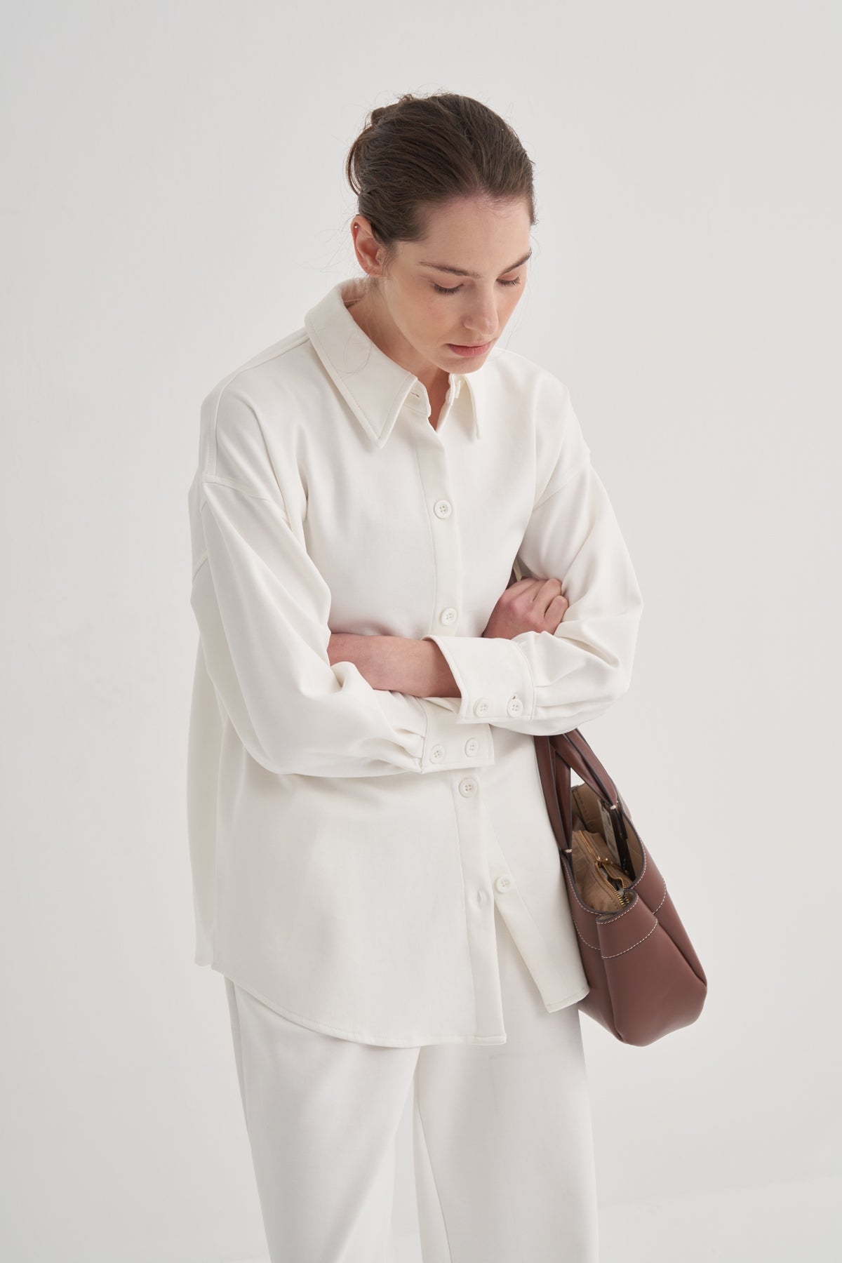 Kadın İnterlok Basic Gömlek Ekru