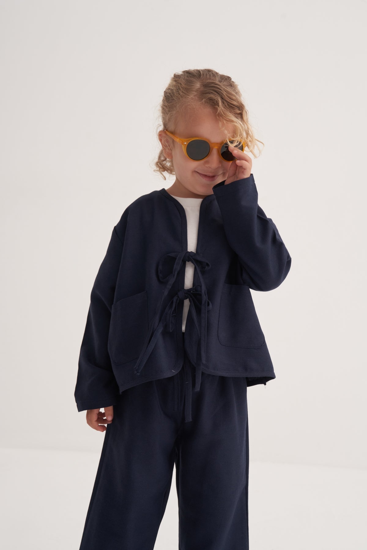 Unisex Çocuk Dökümlü Pamuklu Kimono Lacivert