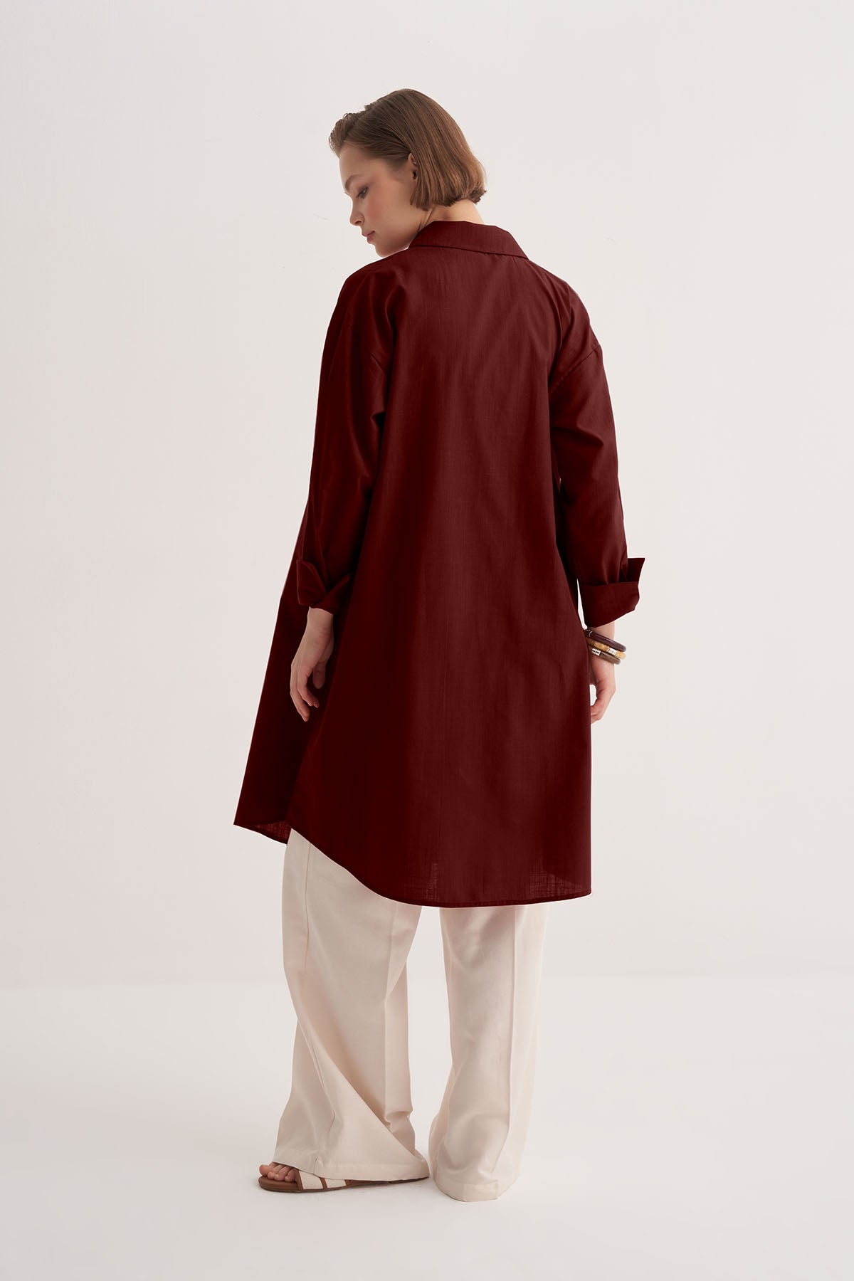 Kadın Organik Pamuklu Uzun Basic Gömlek Bordo