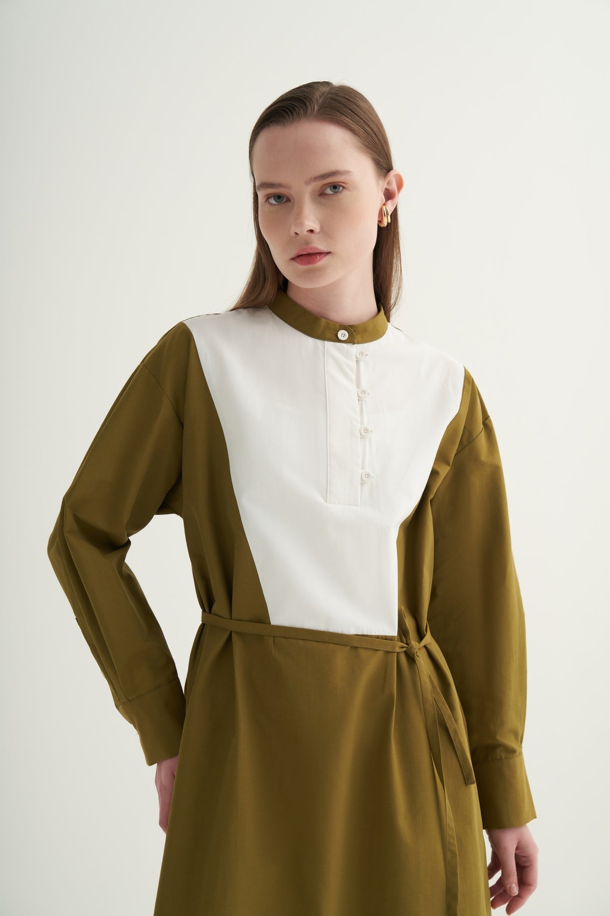 Kadın Hakim Yaka Kontrast Tunik Yağ Yeşili