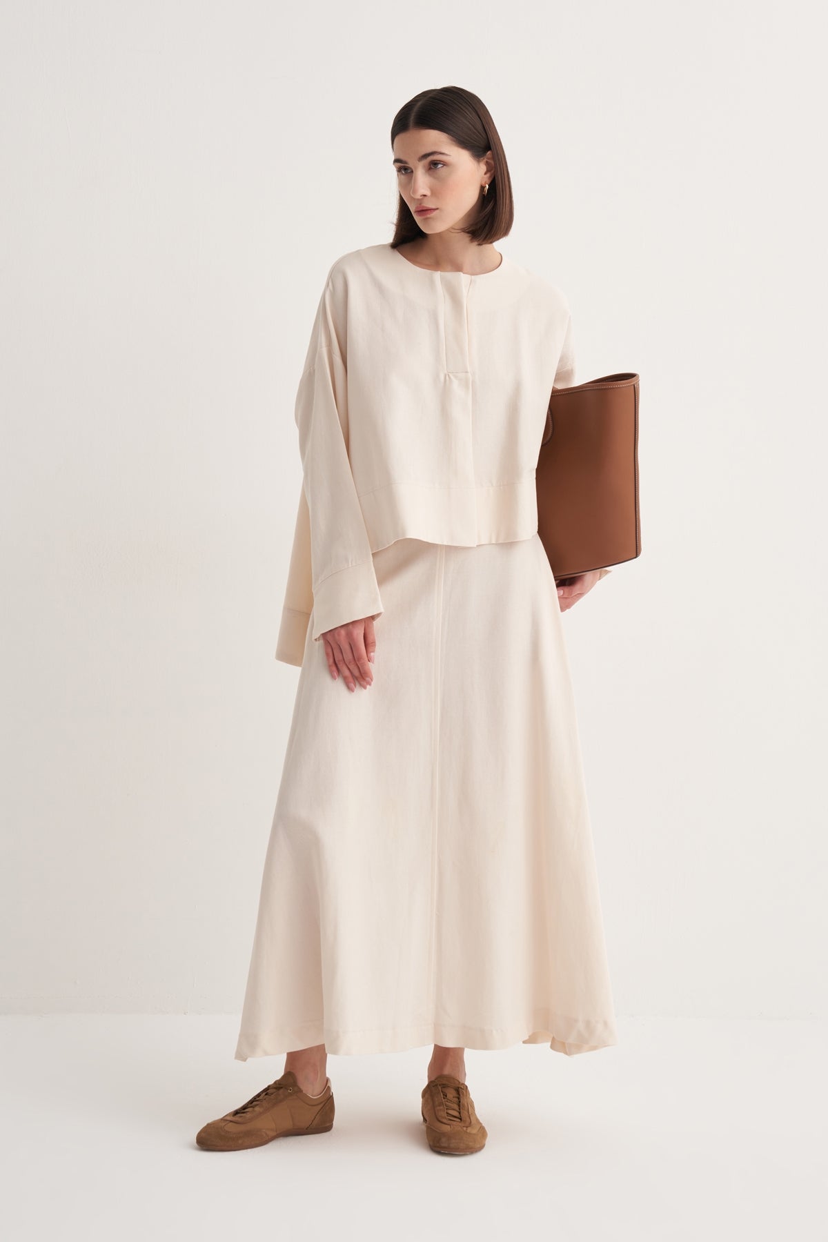 Kadın Dökümlü Pamuklu Pileli Bluz Etek Takım Kemik