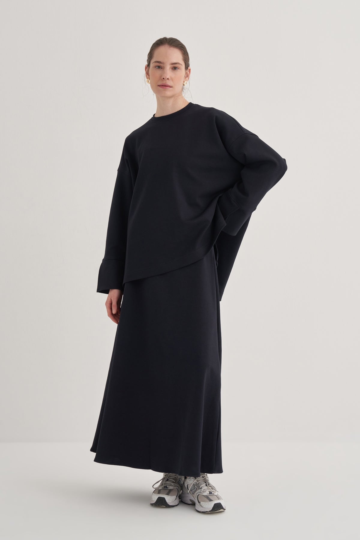 Kadın İnterlok Kol Detaylı Bluz Lacivert