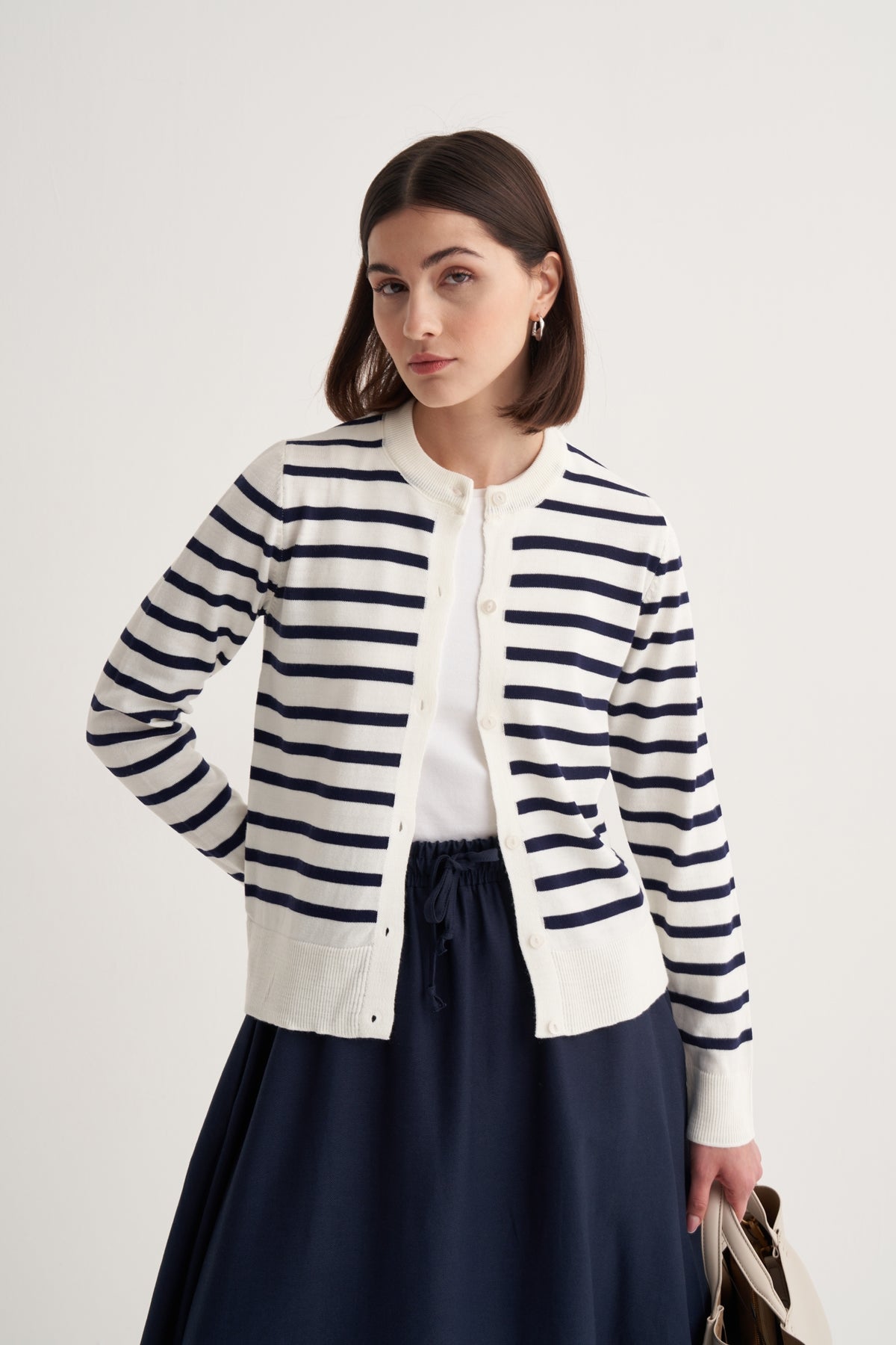 Kadın İnce Triko Çizgili Hırka Lacivert