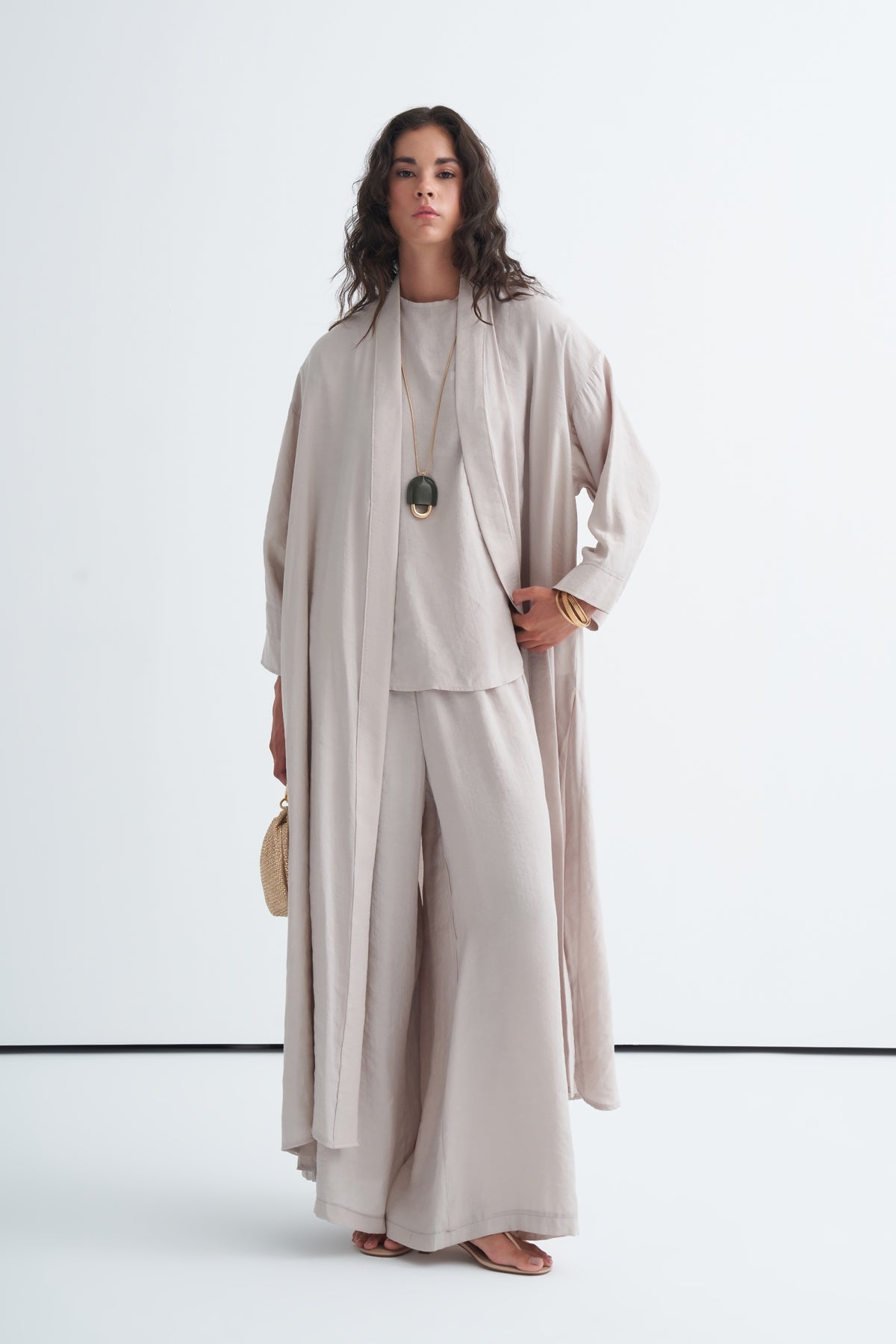 Modal 3'lü Pantolon Bluzlu Abaya Takım Açık Bej
