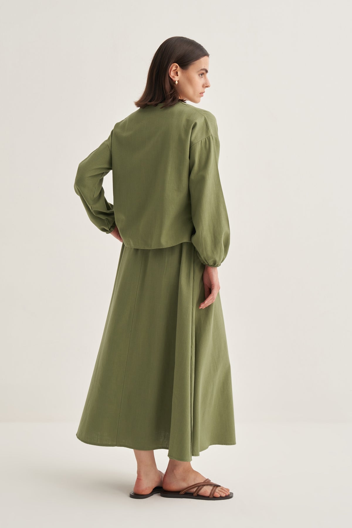 Kadın Organik Pamuk Bağcıklı Bluz Etek Takım Haki