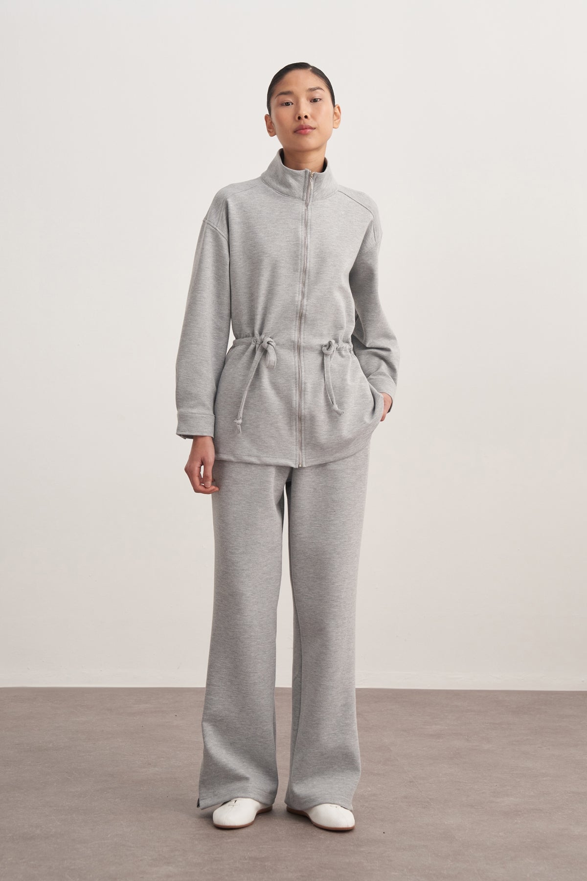 Kadın İnterlok Oversize Spor Ceket Takım Gri Melanj