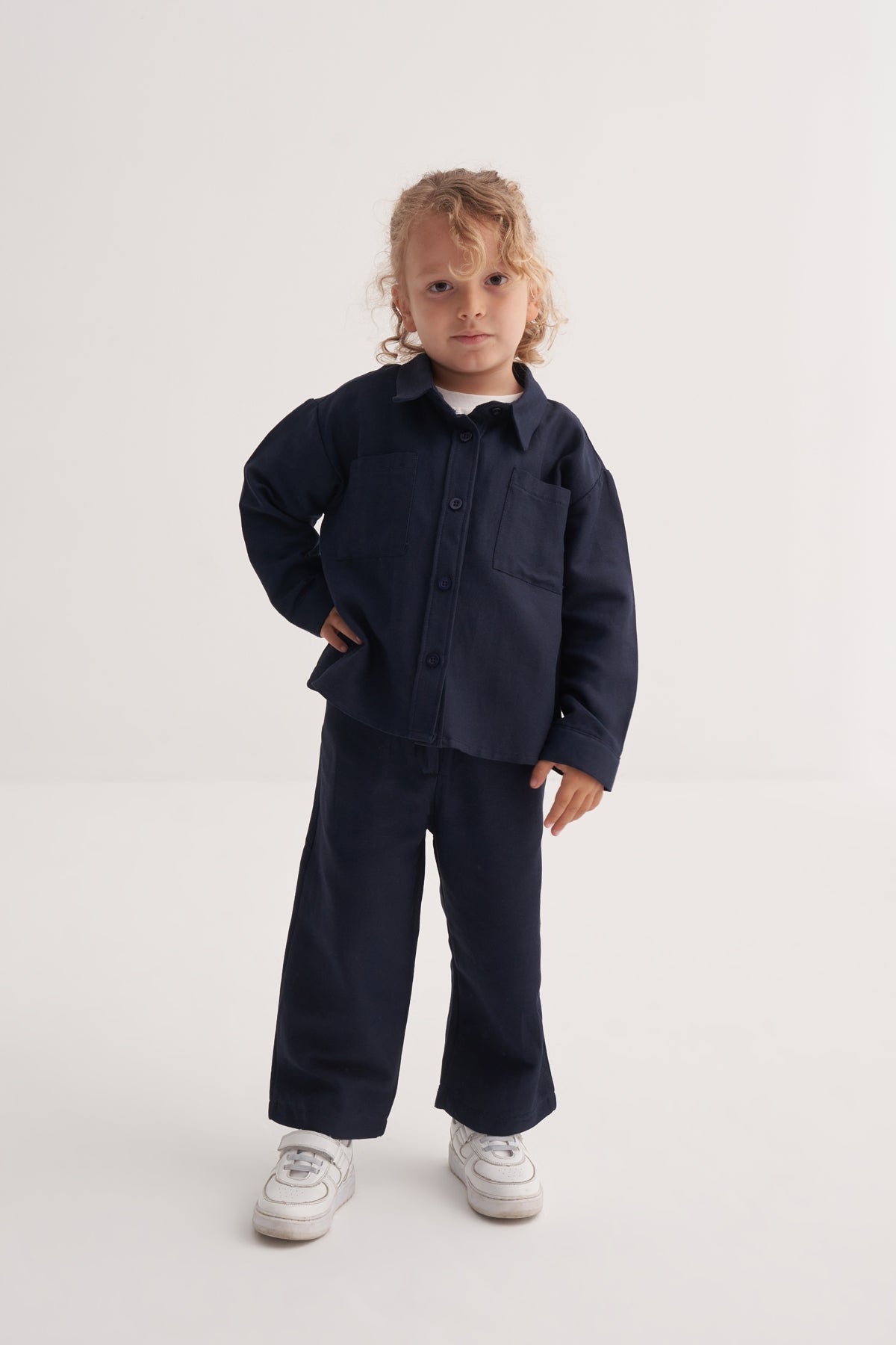 Unisex Çocuk Dökümlü Pamuklu Düğmeli Pantolon Lacivert