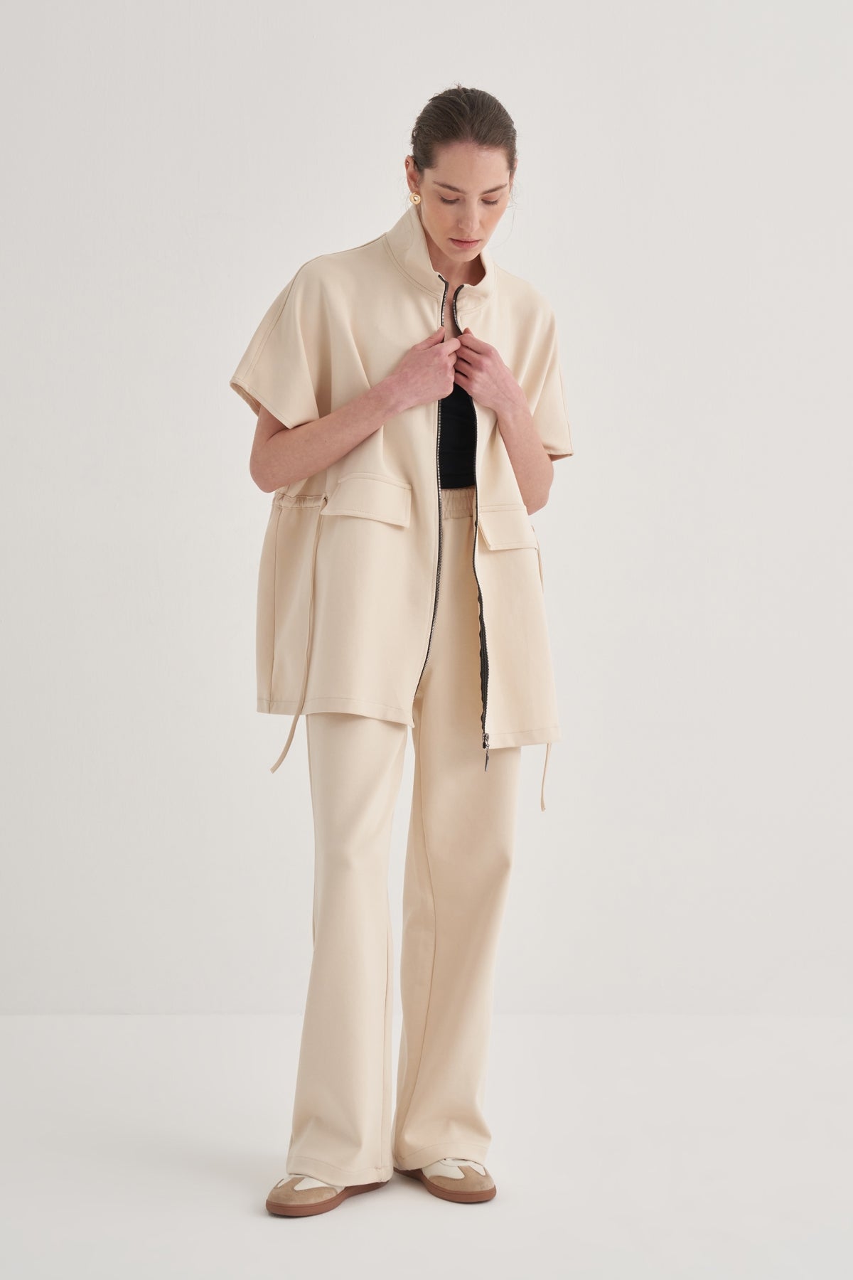 Kadın İnterlok Oversize Yelek Pantolon Takım Bej